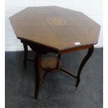 Mahogany and inlaid octagonal table, the octagonal top centred with a basket of flowers pattern,