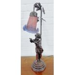 Art Nouveau style figural table lamp base with a red and blue art glass shade, 68cm high