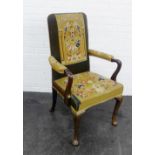 Mahogany framed open armchair with tapestry upholstered back , arms and seat, 105 x 58cm