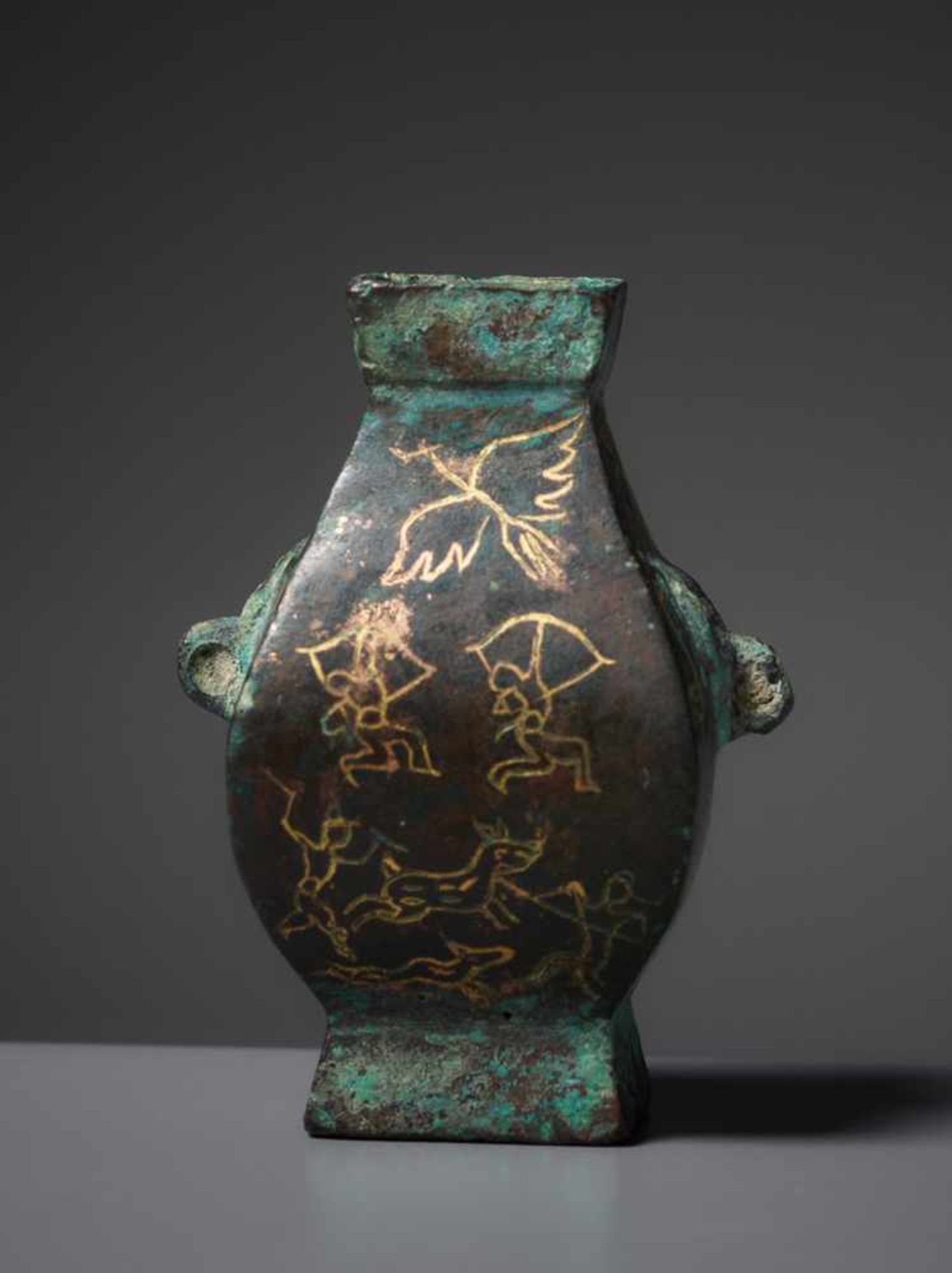 VESSEL FANGHUBronze and GoldChina, Han dynasty (pre-206 - 220)An extremely rare, small, archaic - Image 4 of 6