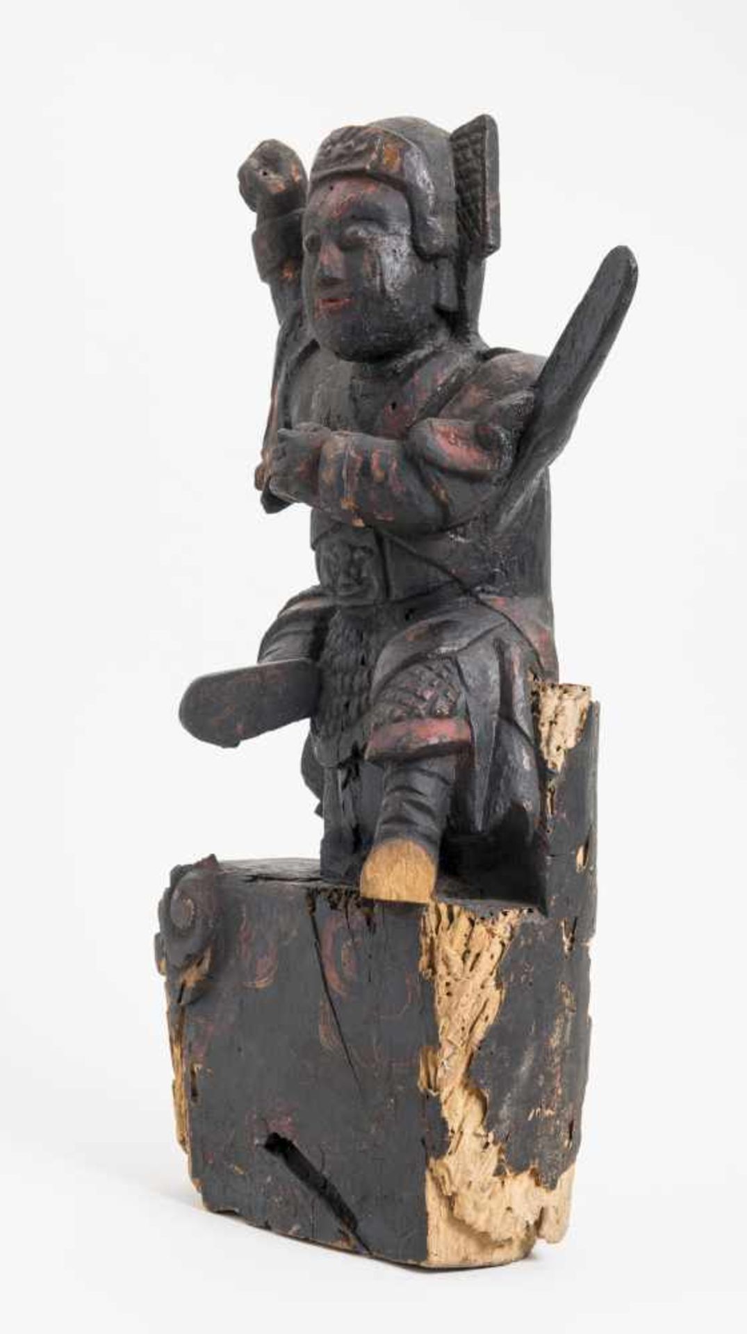 GUARDIAN DEITY WITH SWORDWood with remnants of old paintChina, 18th-19th centuryA charming wood - Image 6 of 8