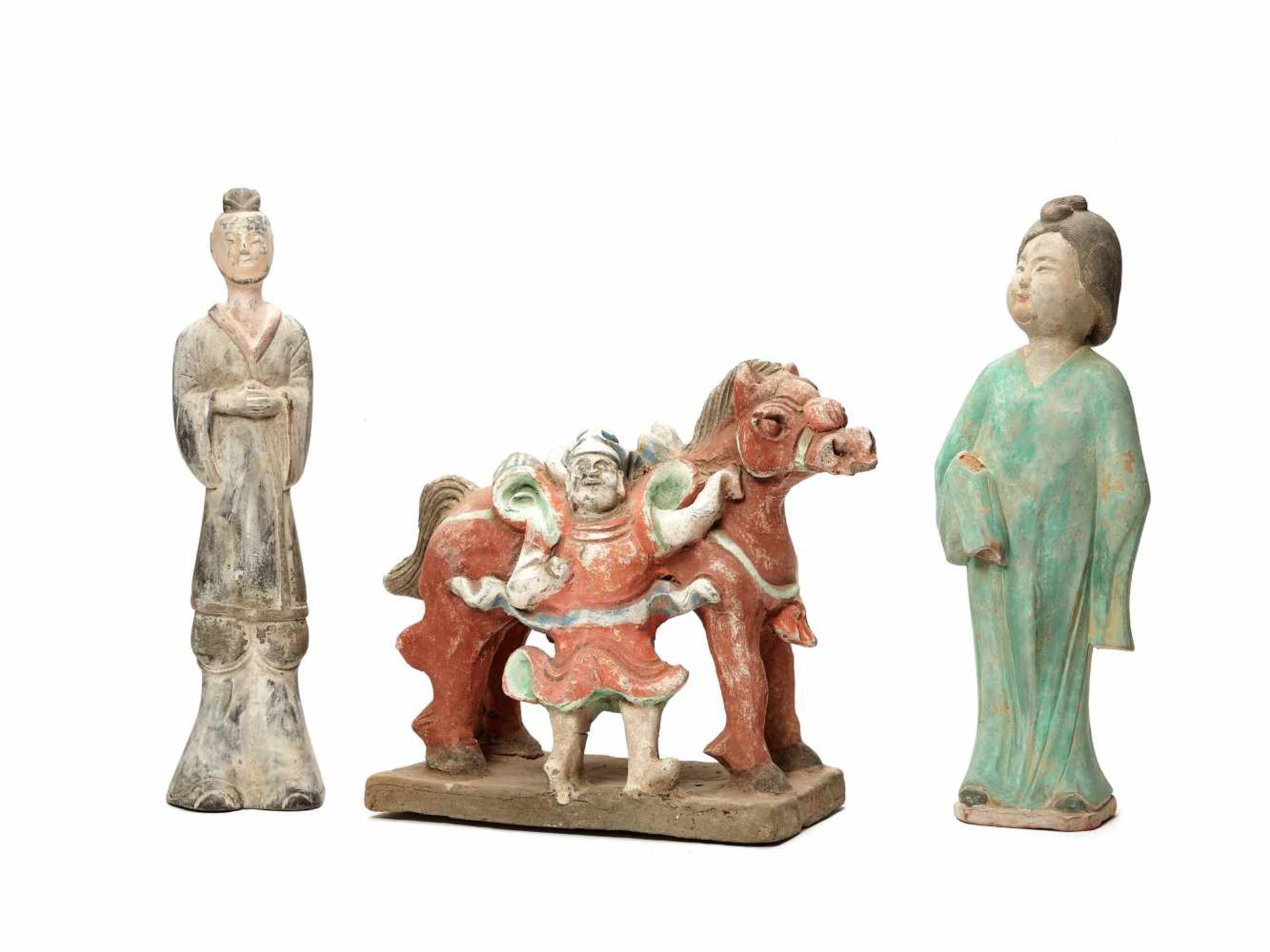 THREE CHINESE TANG-STYLE TERRACOTTA FIGURES, LATE QING DYNASTYTerracotta with cold paintChina,