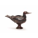 AN EXTREMELY RARE HAN DYNASTY LACQUER DUCK ON MATCHING STANDThe carved wooden bird with original