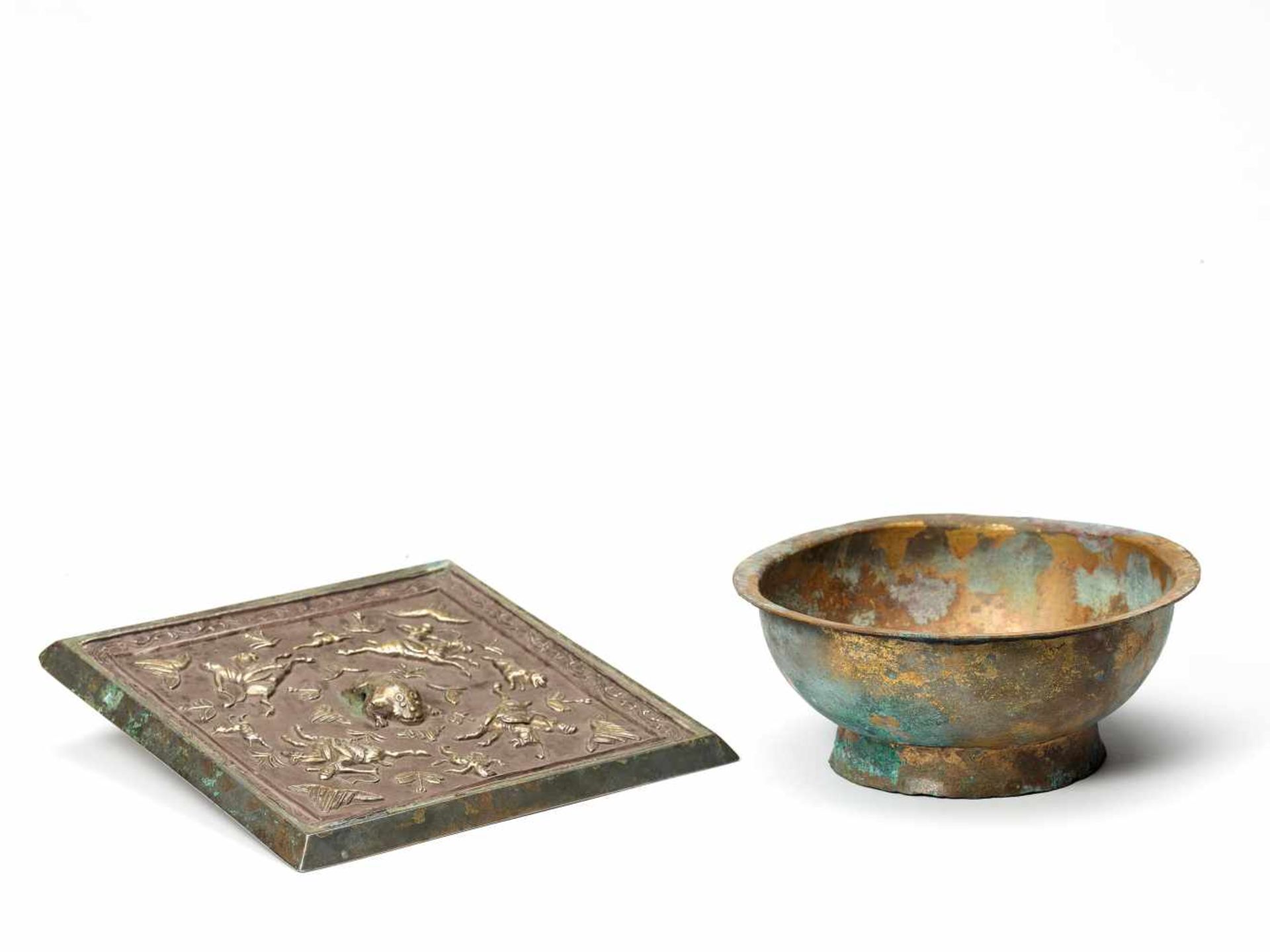 TWO BRONZE OBJECTSBronze, silverChina, Tang dynasty (618-907), Qing dynasty (1644-1912) or