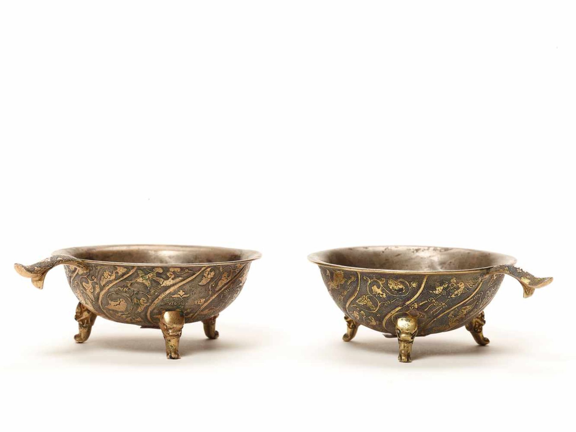 A PAIR OF COPPER REPOUSSÉ AND SILVERED METAL VESSELS, TANG STYLEThe repoussé work with is fire- - Image 2 of 5