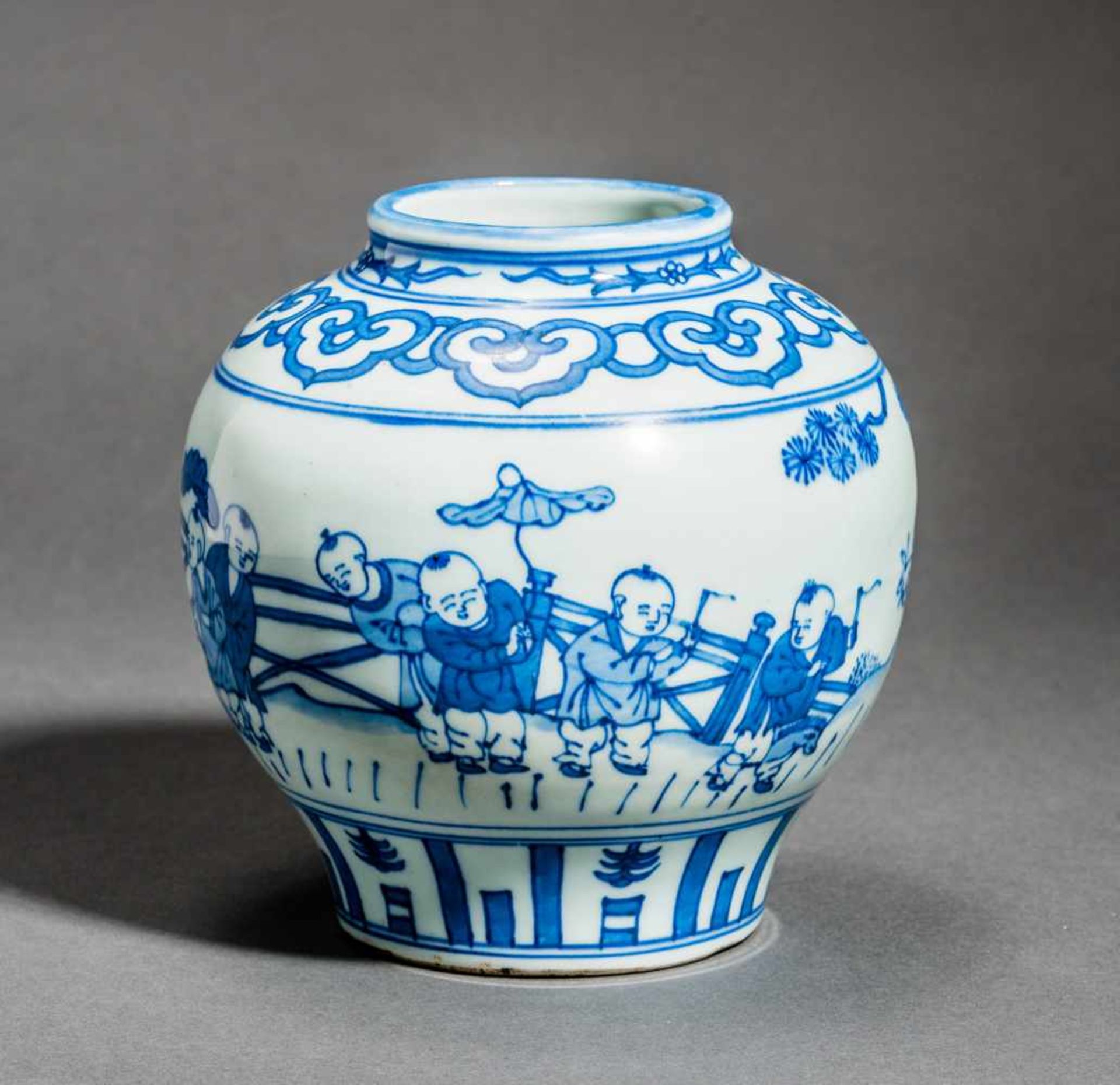 A PORCELAIN VESSEL WITH PLAYING BOYSPorcelain with blue underglaze paintingChina, Qing dynasty (