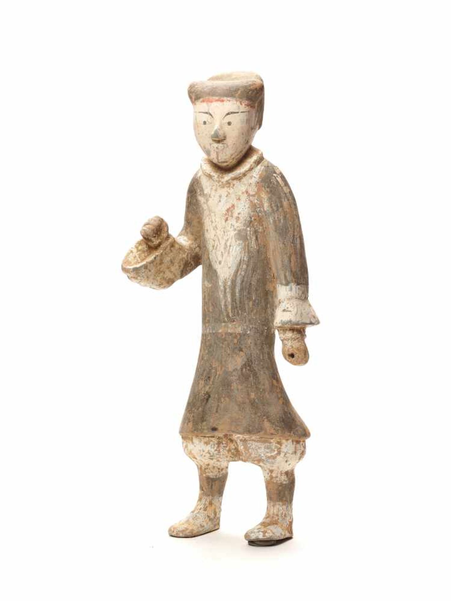 A LARGE HAN DYNASTY TERRACOTTA GUARDSMAN Terracotta with original painingChina, early Western Han