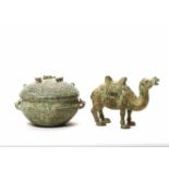 A TANG-STYLE BRONZE CAMEL AND A WARRING STATES BRONZE VESSSEL WITH COVERBronzeChina, style of Tang