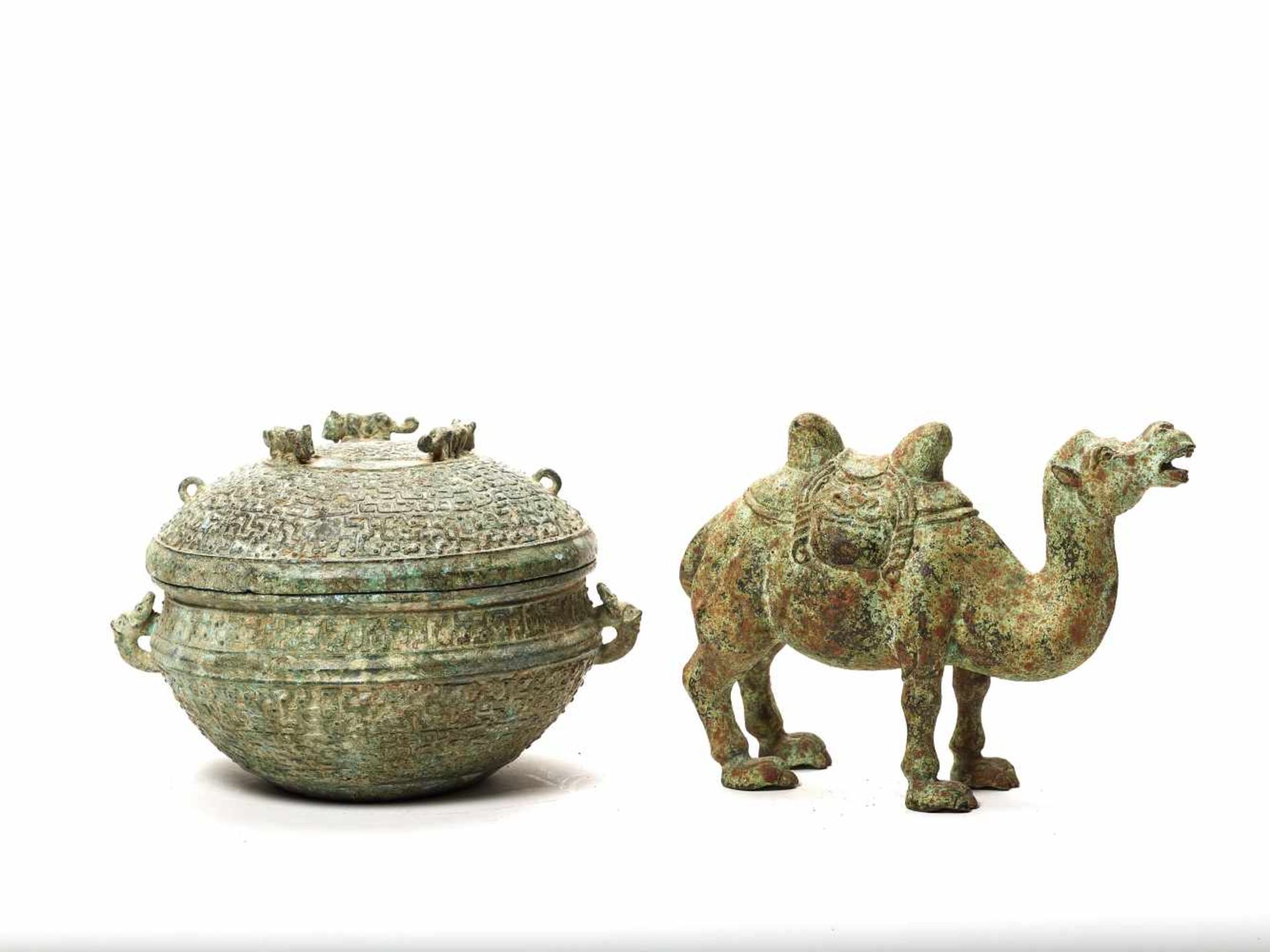 A TANG-STYLE BRONZE CAMEL AND A WARRING STATES BRONZE VESSSEL WITH COVERBronzeChina, style of Tang