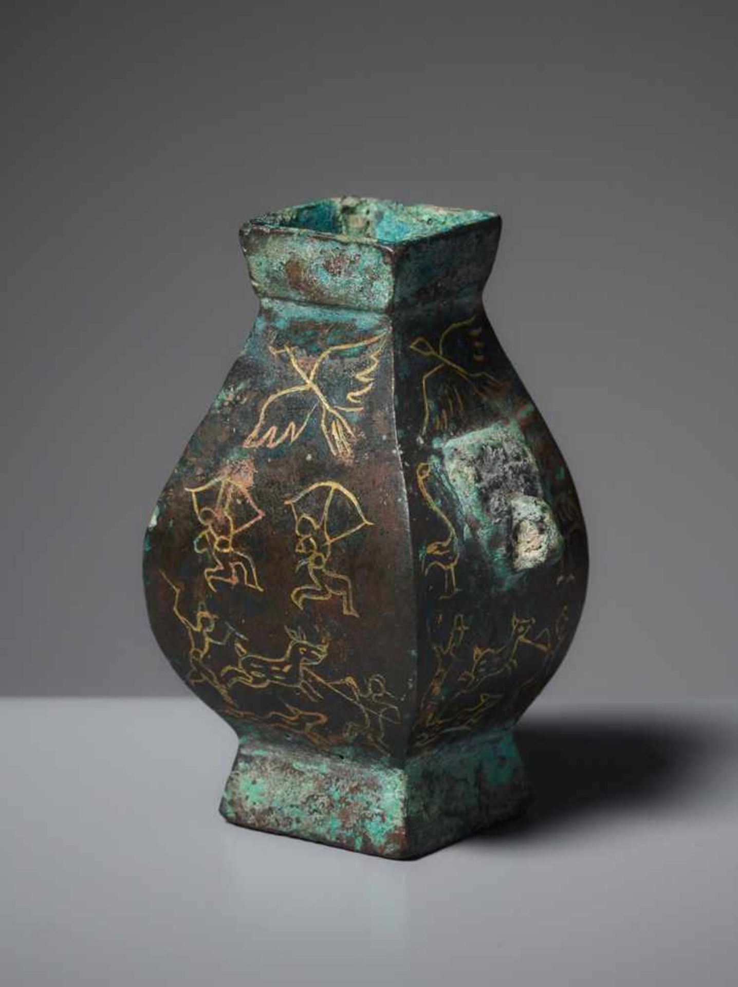 VESSEL FANGHUBronze and GoldChina, Han dynasty (pre-206 - 220)An extremely rare, small, archaic