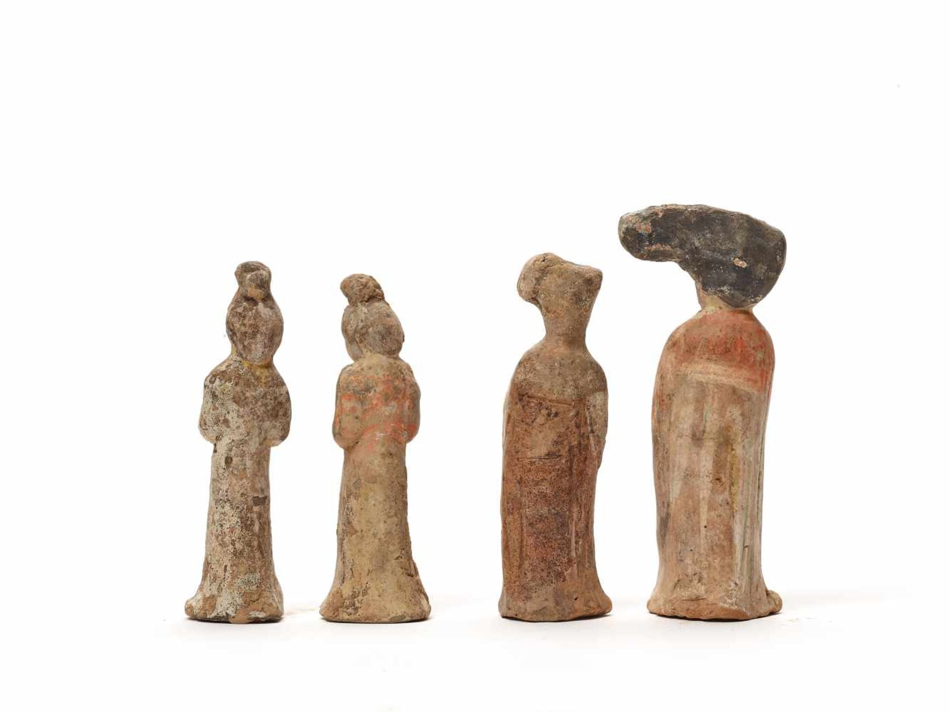 FOUR MINIATURE TERRACOTTA ‘FAT LADIES’, TANG DYNASTYTerracotta with paintingChina, Tang Dynasty ( - Image 3 of 3