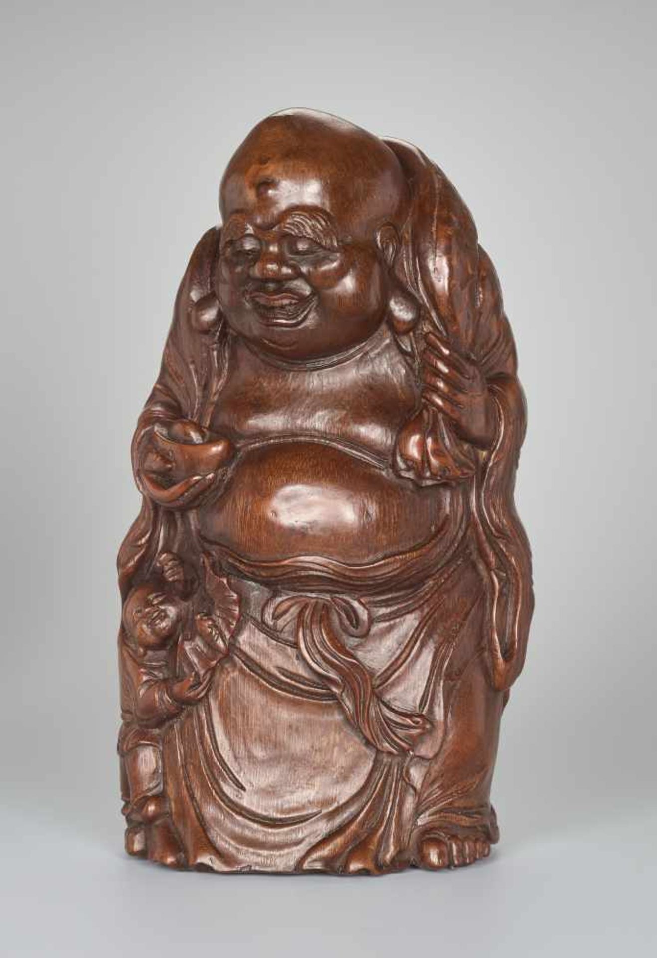 A VERY LARGE BAMBOO SHOOT CARVING OF BUDAI WITH INGOT, QING DYNASTYBamboo rootChina, Qing dynasty ( - Image 3 of 9