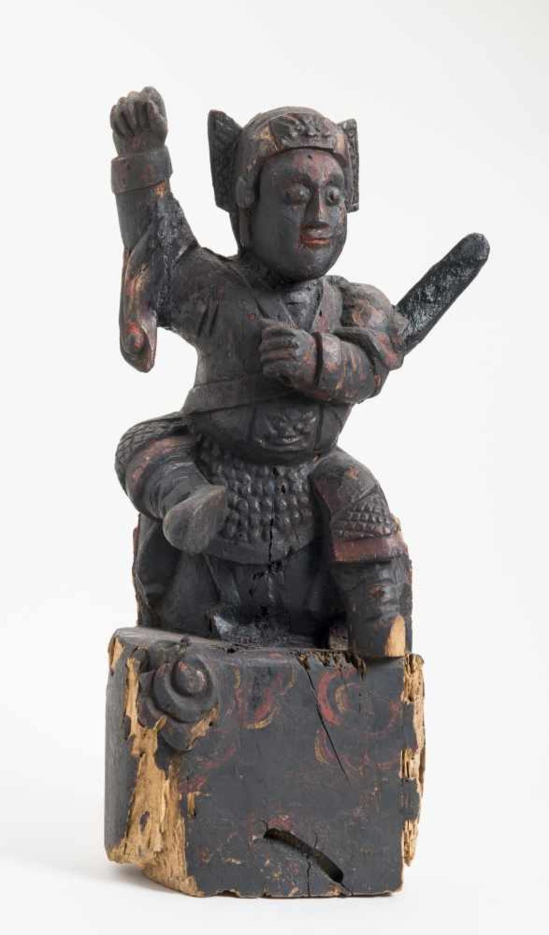 GUARDIAN DEITY WITH SWORDWood with remnants of old paintChina, 18th-19th centuryA charming wood - Image 3 of 8