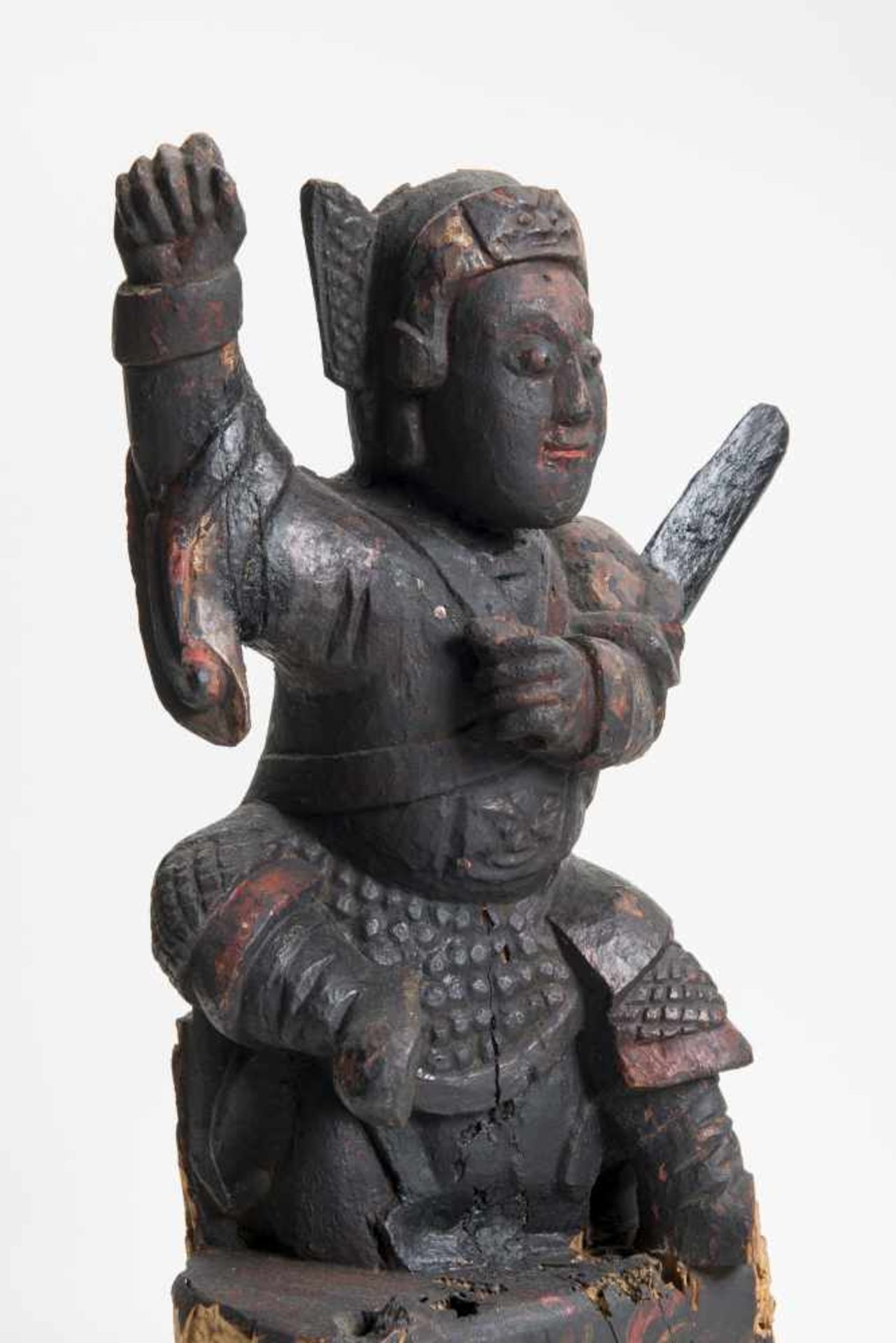 GUARDIAN DEITY WITH SWORDWood with remnants of old paintChina, 18th-19th centuryA charming wood - Image 5 of 8