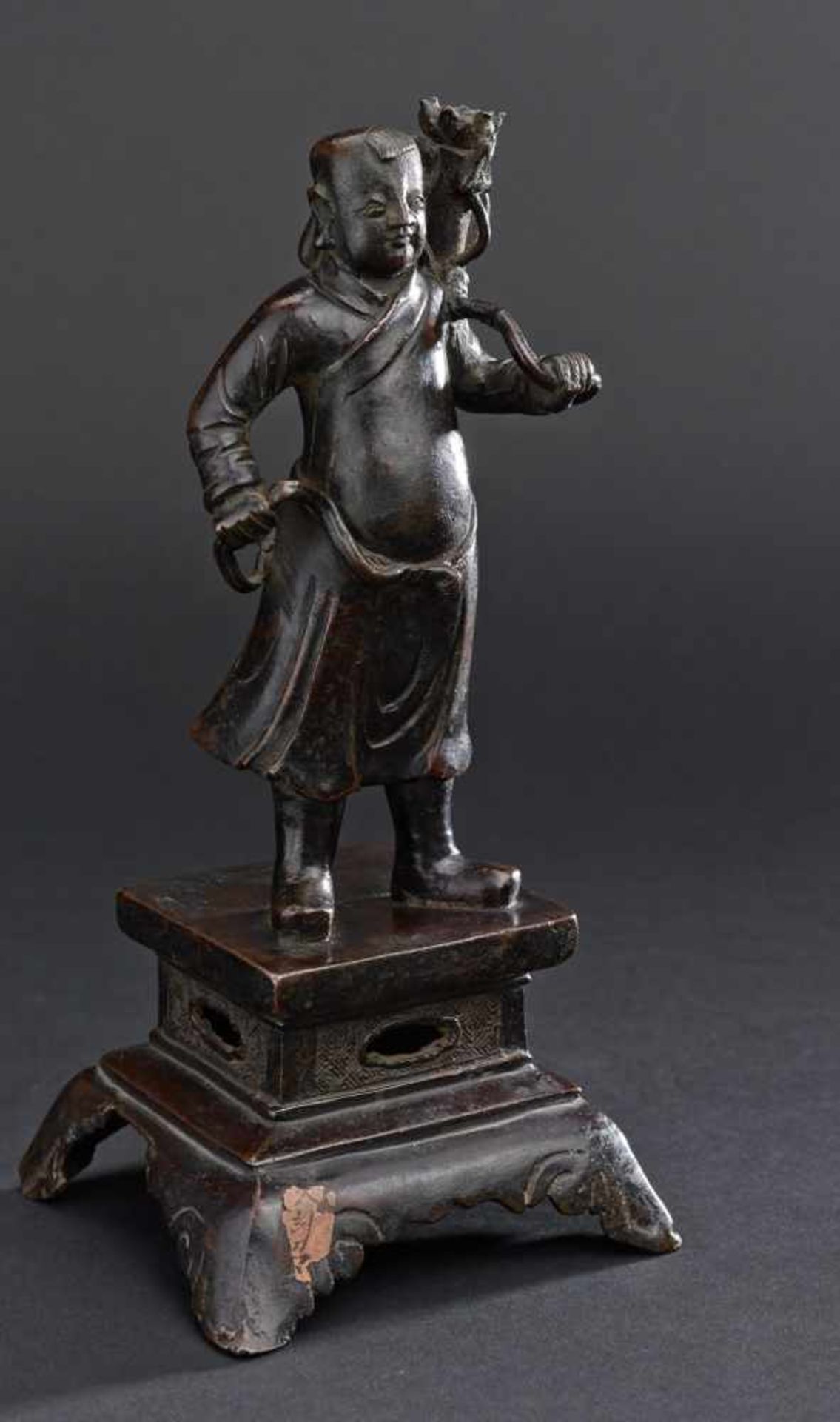 A CHINESE MING DYNASTY BOY OF LUCK STANDING ON BASEBronze China, Ming dynasty, approximately 17th - Image 2 of 5