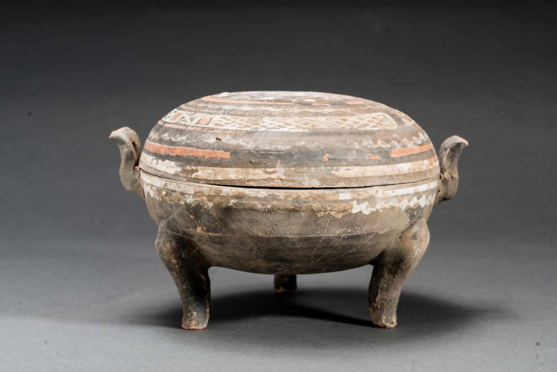 TRIPOD VESSEL WITH LIDTerracotta with original painting China, Western Han dynasty (206 BCE - 9