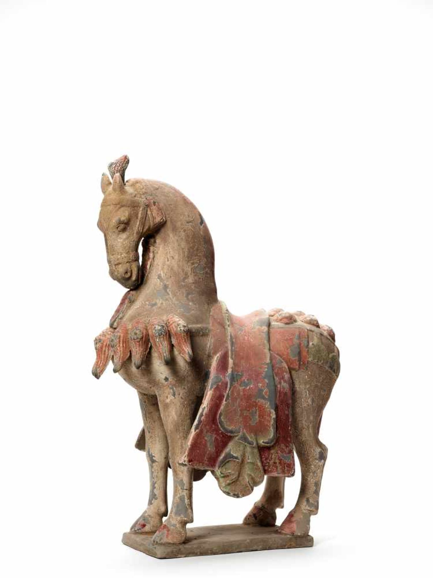 A LARGE AND RARE TERRACOTTA PRANCING HORSE, SUI DYNASTY (581-618)The skillfully modeled statue