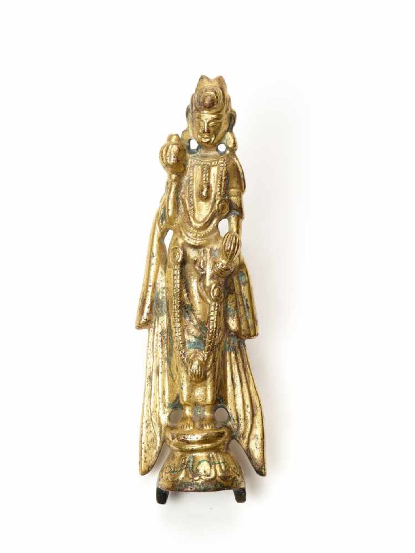 A RARE TANG DYNASTY FIRE-GILT BRONZE GUANYIN The massively cast bronze with well-preserved gilding