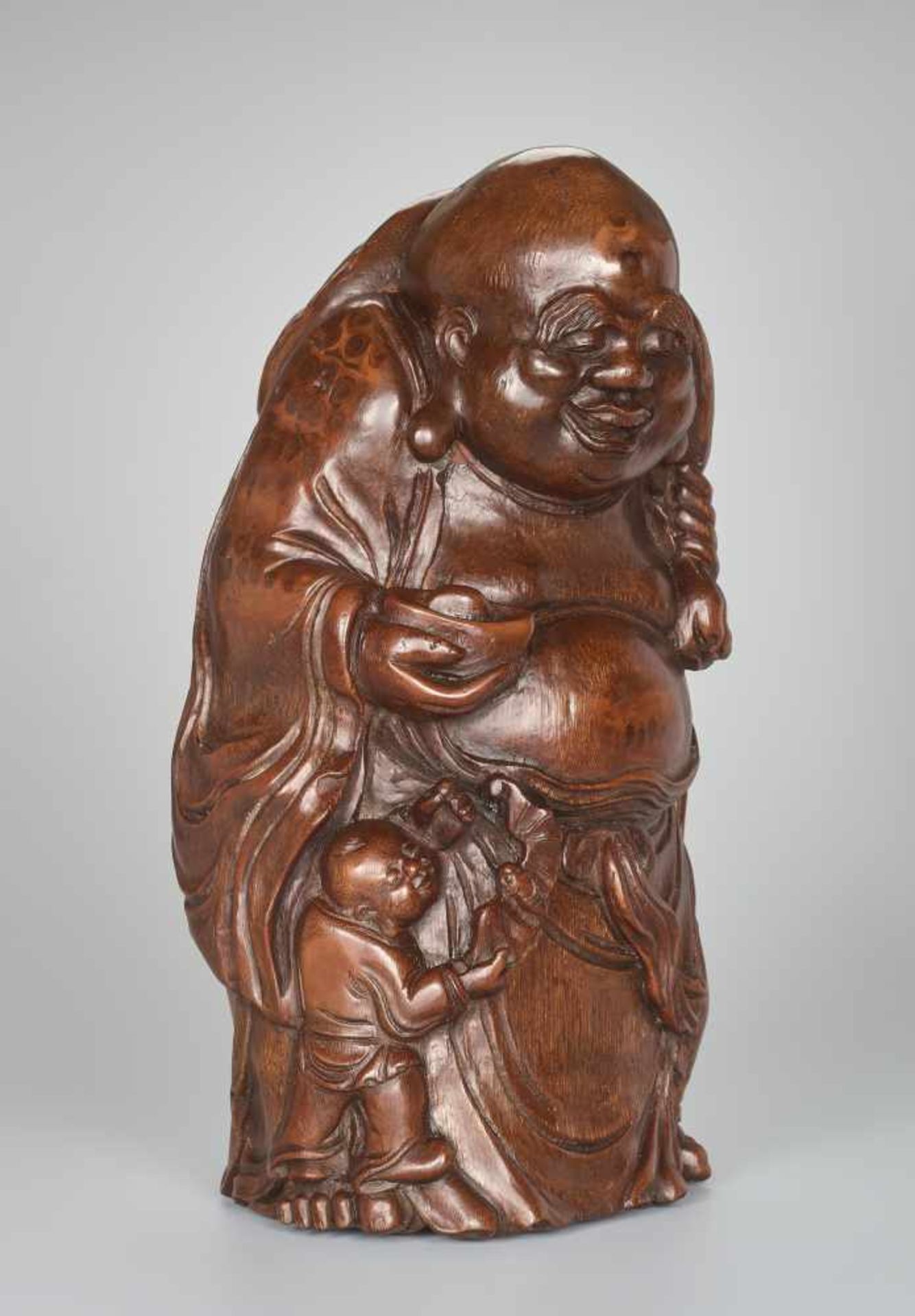 A VERY LARGE BAMBOO SHOOT CARVING OF BUDAI WITH INGOT, QING DYNASTYBamboo rootChina, Qing dynasty ( - Image 4 of 9