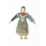A PRECIOUS CHINESE PUPPET OF A MANCHU COURT LADY, QING DYNASTYWood, lacquer, fabric, silk, metal