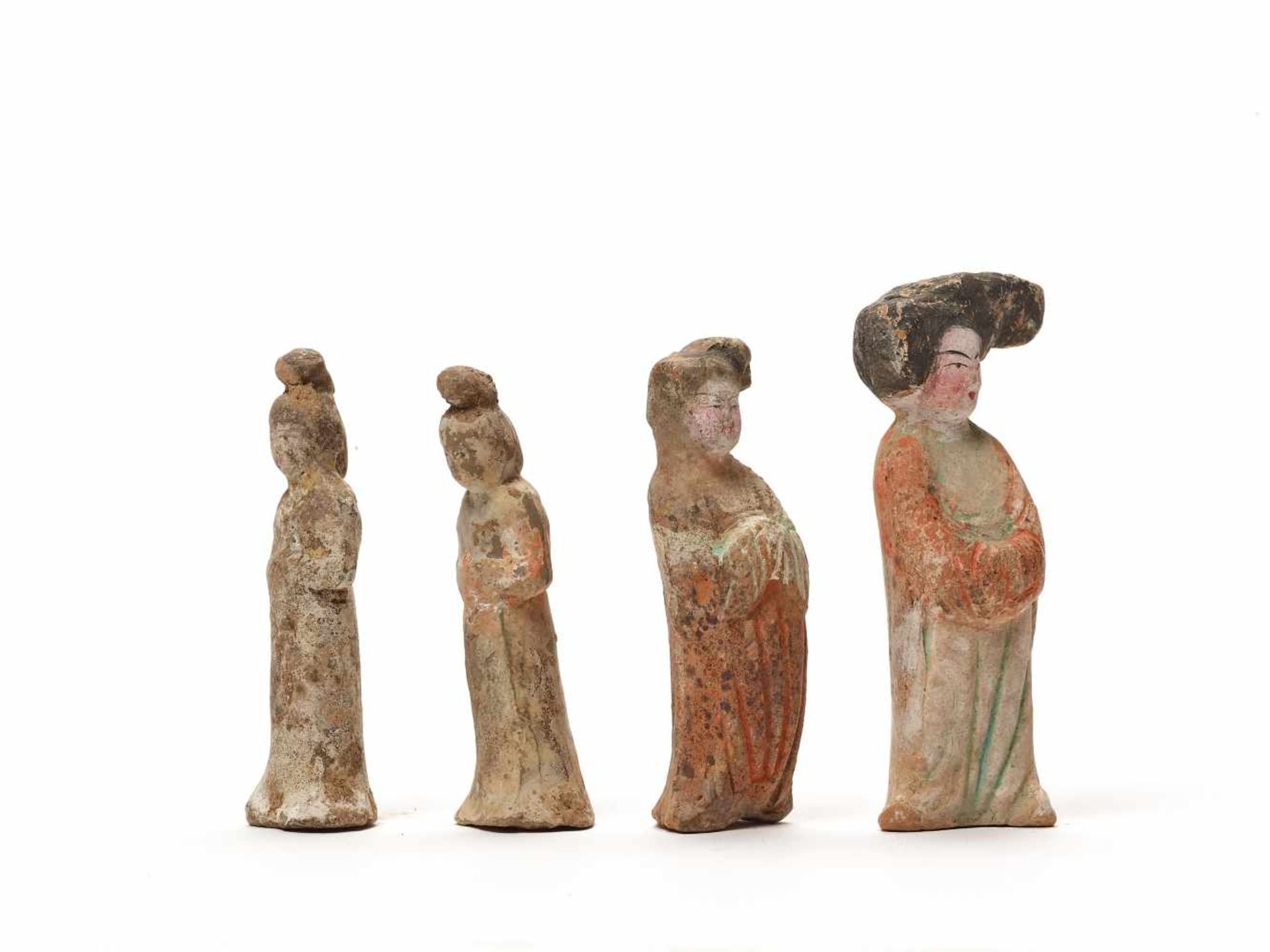 FOUR MINIATURE TERRACOTTA ‘FAT LADIES’, TANG DYNASTYTerracotta with paintingChina, Tang Dynasty ( - Image 2 of 3