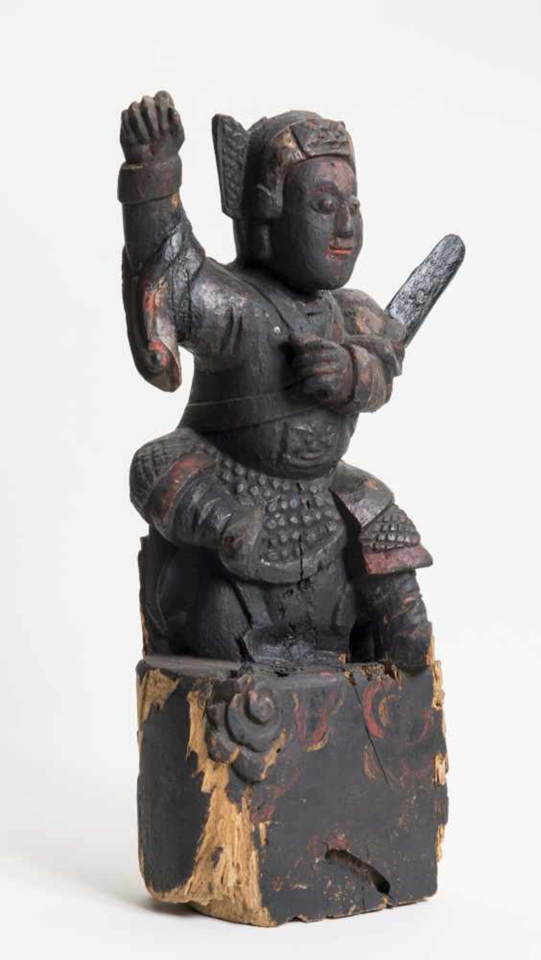 GUARDIAN DEITY WITH SWORDWood with remnants of old paintChina, 18th-19th centuryA charming wood - Image 4 of 8