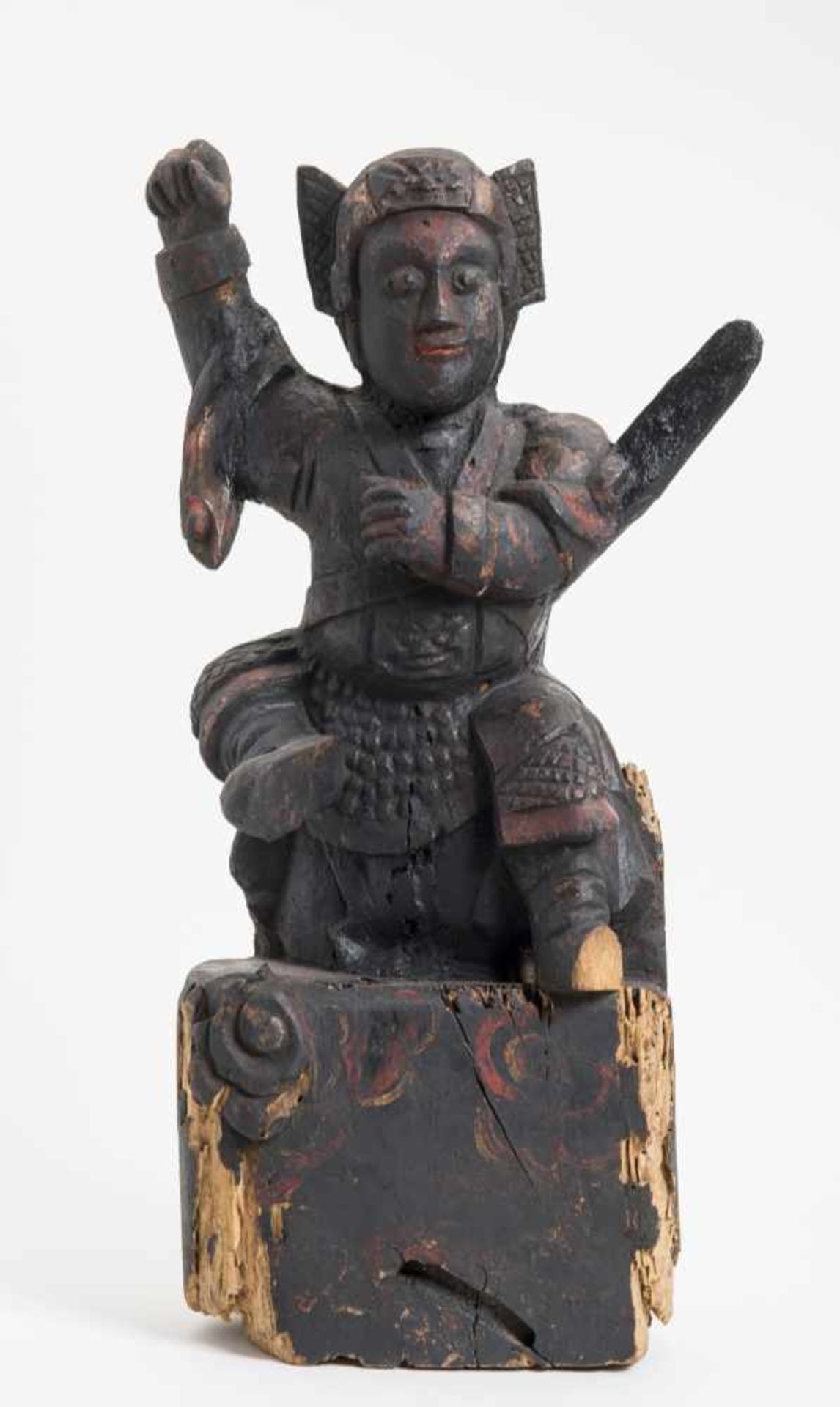 GUARDIAN DEITY WITH SWORDWood with remnants of old paintChina, 18th-19th centuryA charming wood - Image 2 of 8