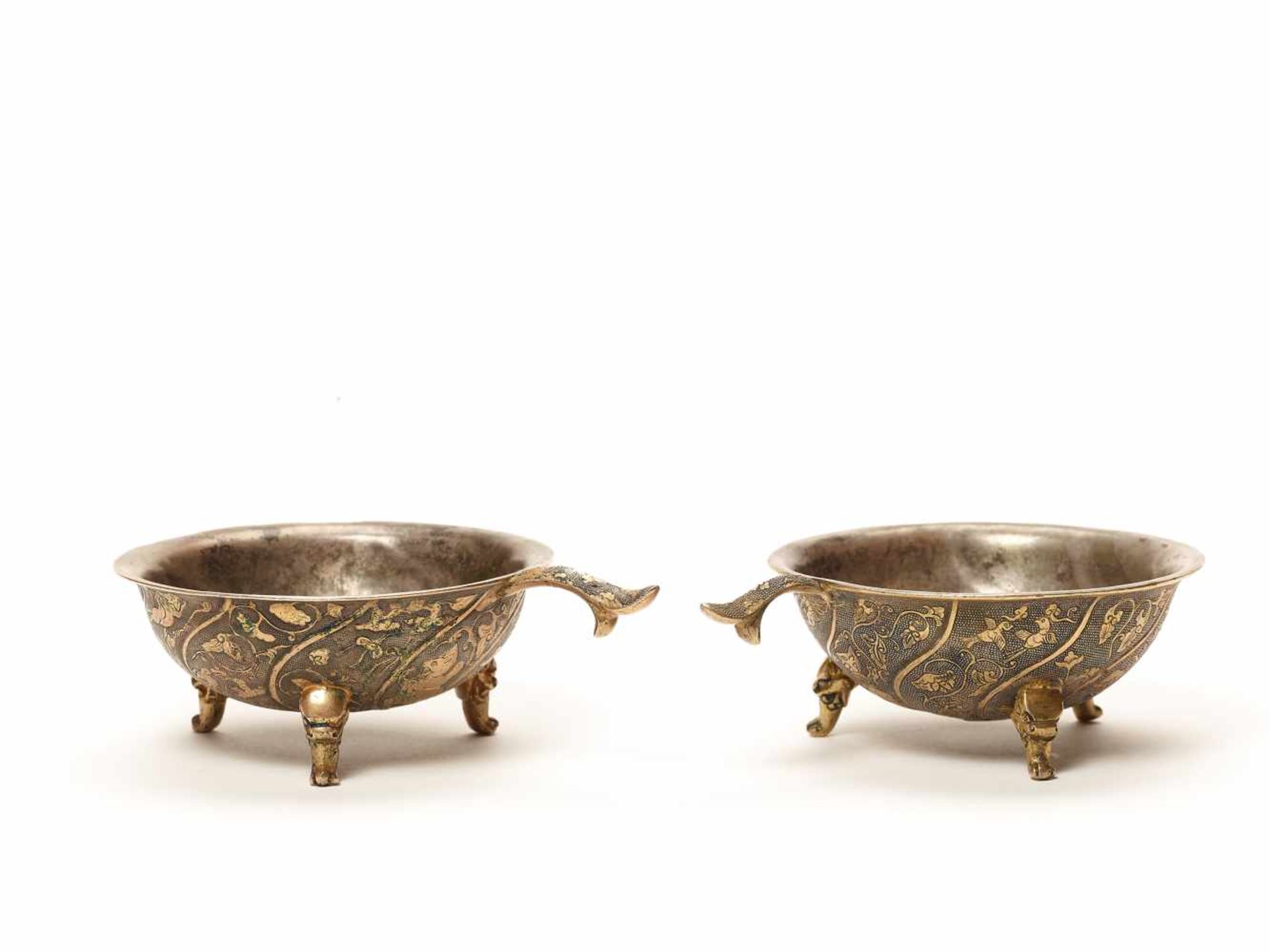 A PAIR OF COPPER REPOUSSÉ AND SILVERED METAL VESSELS, TANG STYLEThe repoussé work with is fire- - Image 5 of 5