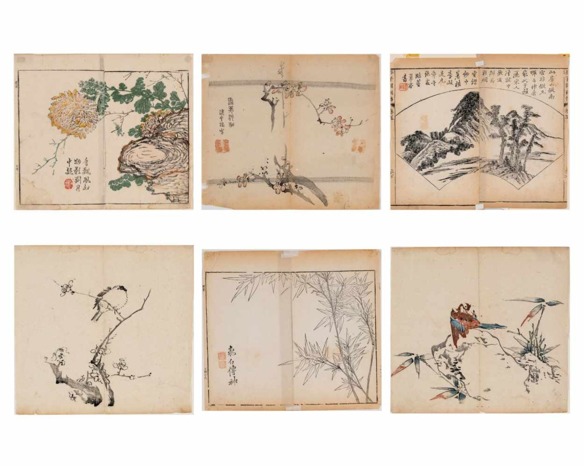 SIX CHINESE COLOR WOODBLOCK PRINTS, 18th CENTURYColor woodblock prints, mounted on cardboardChina,