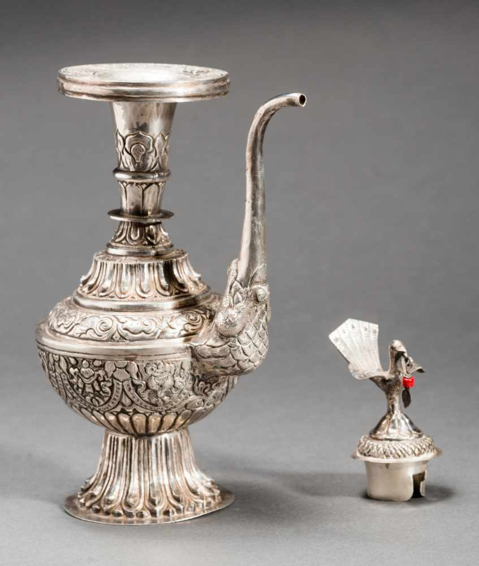 POT WITH MAKHARA AND BIRDWrought silverTibet, late 19th to early 20th centurySlender teapot with - Image 3 of 5