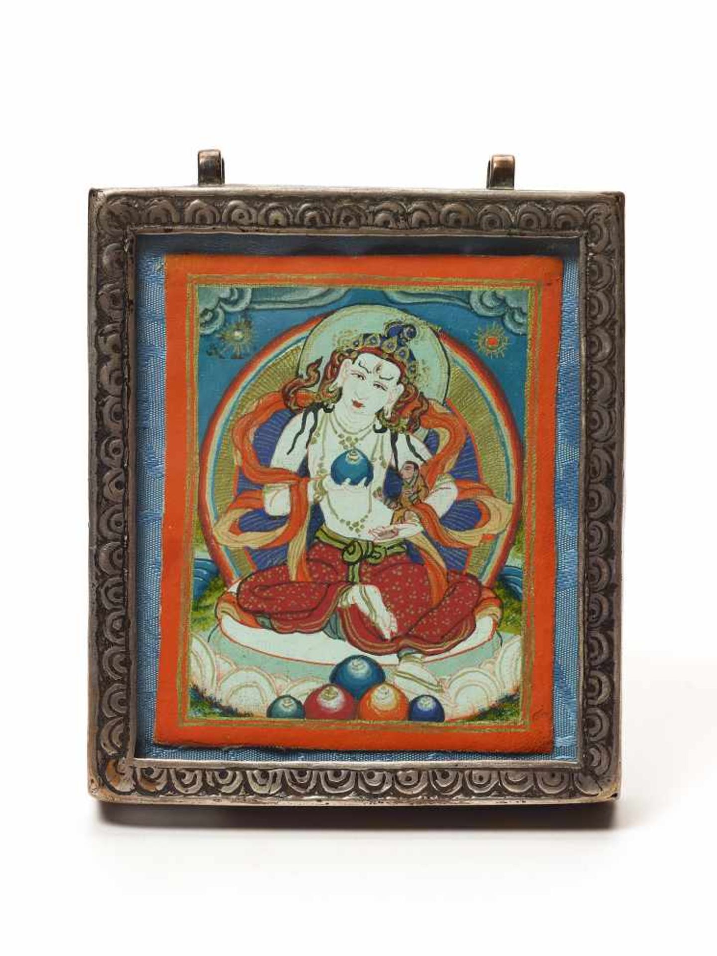 TIBETAN GAU BOX WITH WHITE TARA – LATE 19th CENTURY Colors on fabric, with a copper boxTibet, late