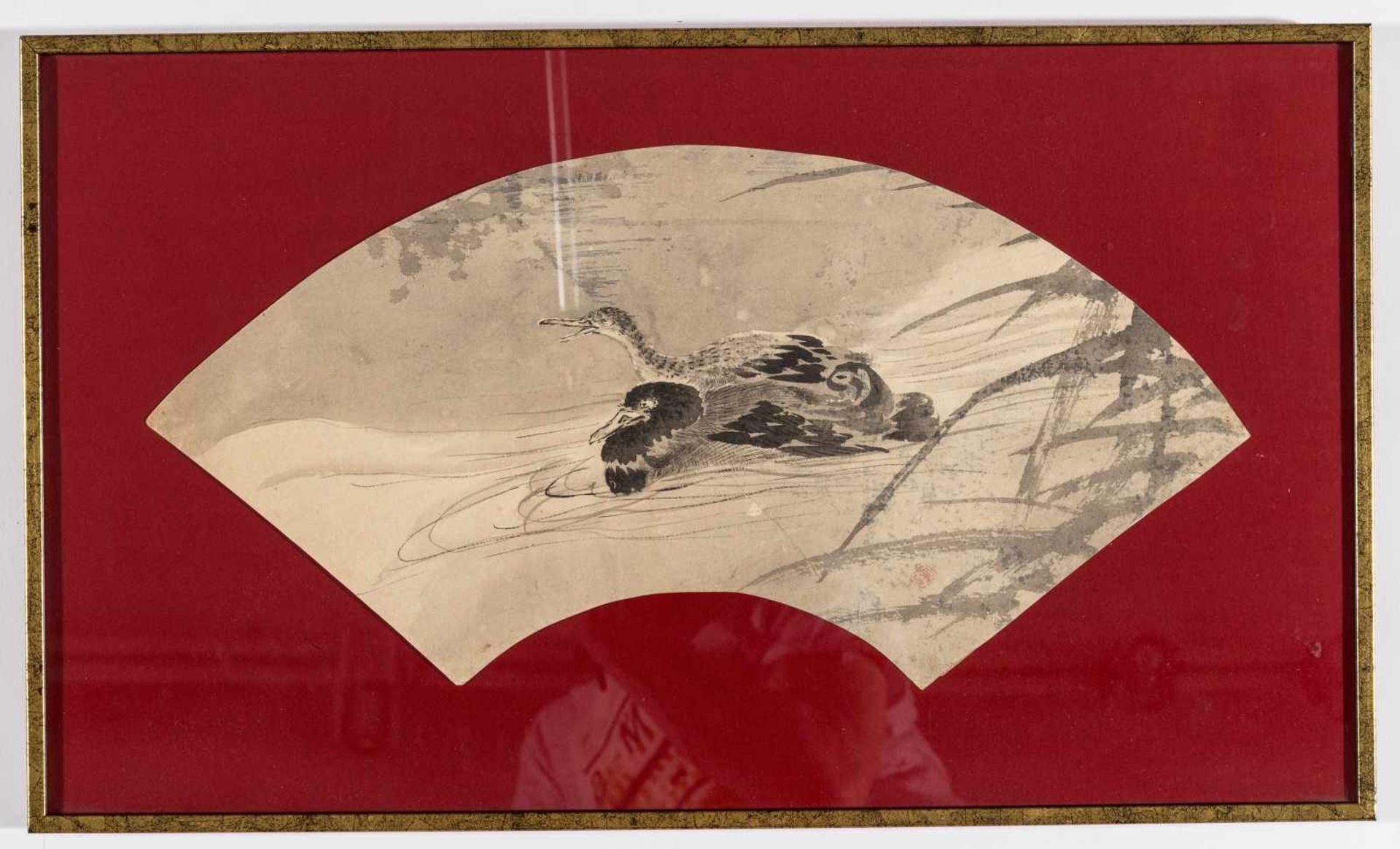 A JAPANESE FAN-SHAPED PAINTING WITH DUCKS – 1900s Ink painting on paper, framedJapan, 1900s Nice