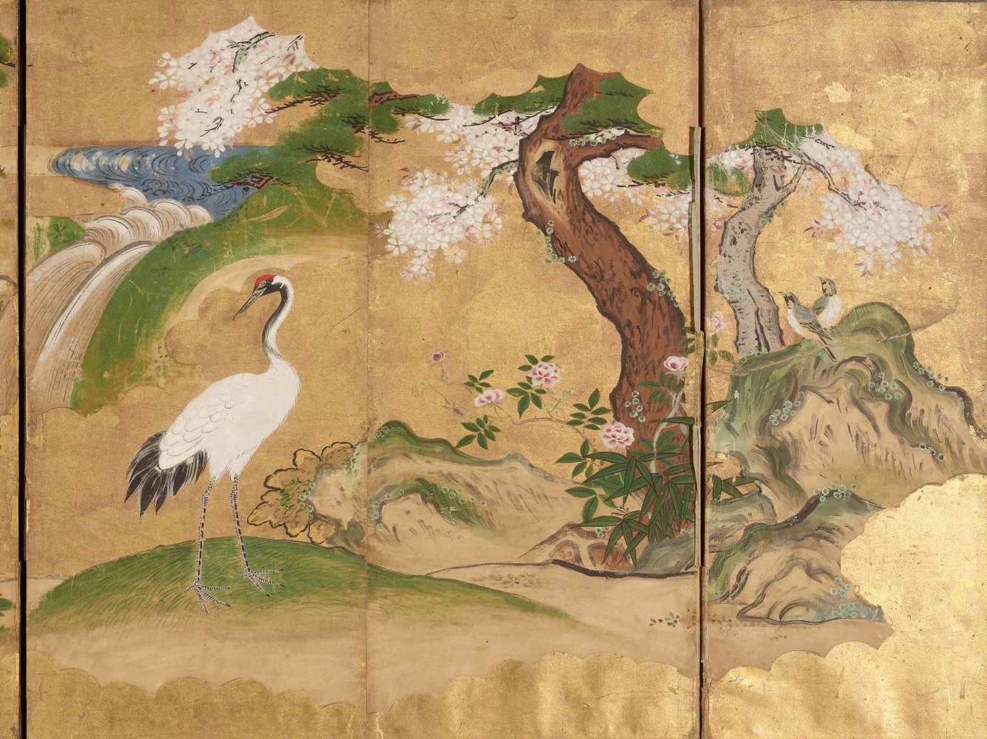 A KANO SCHOOL FOUR-PANEL STANDING SCREEN WITH BIRDS AND PINE TREEWood, gold and silver paper, ink - Image 3 of 5