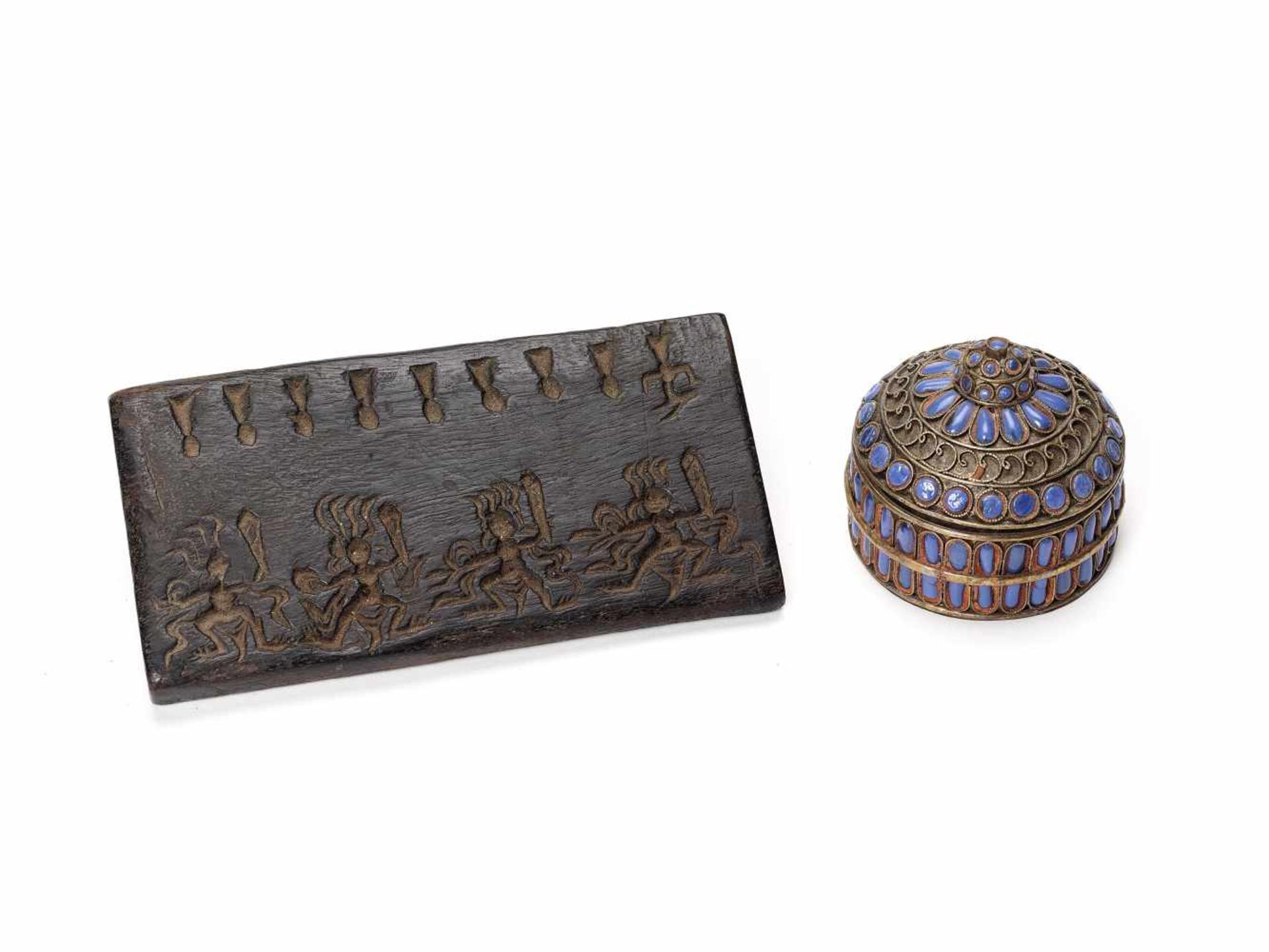 A SILVER BOX AND COVER AND A WOODEN PANEL WITH FIGURAL DECORATIONSSilver with inlays,