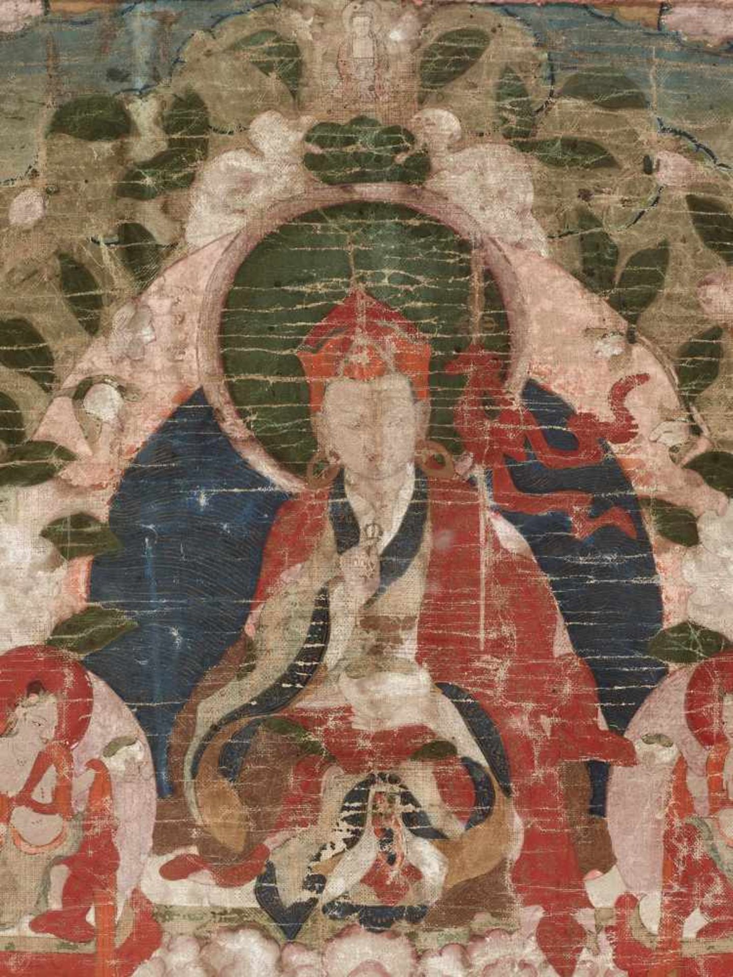 AN 18th CENTURY THANGKA OF GURU RINPOCHE IN ZANGDOK PALRIDistemper and gold paint on cloth, framed - Bild 3 aus 11