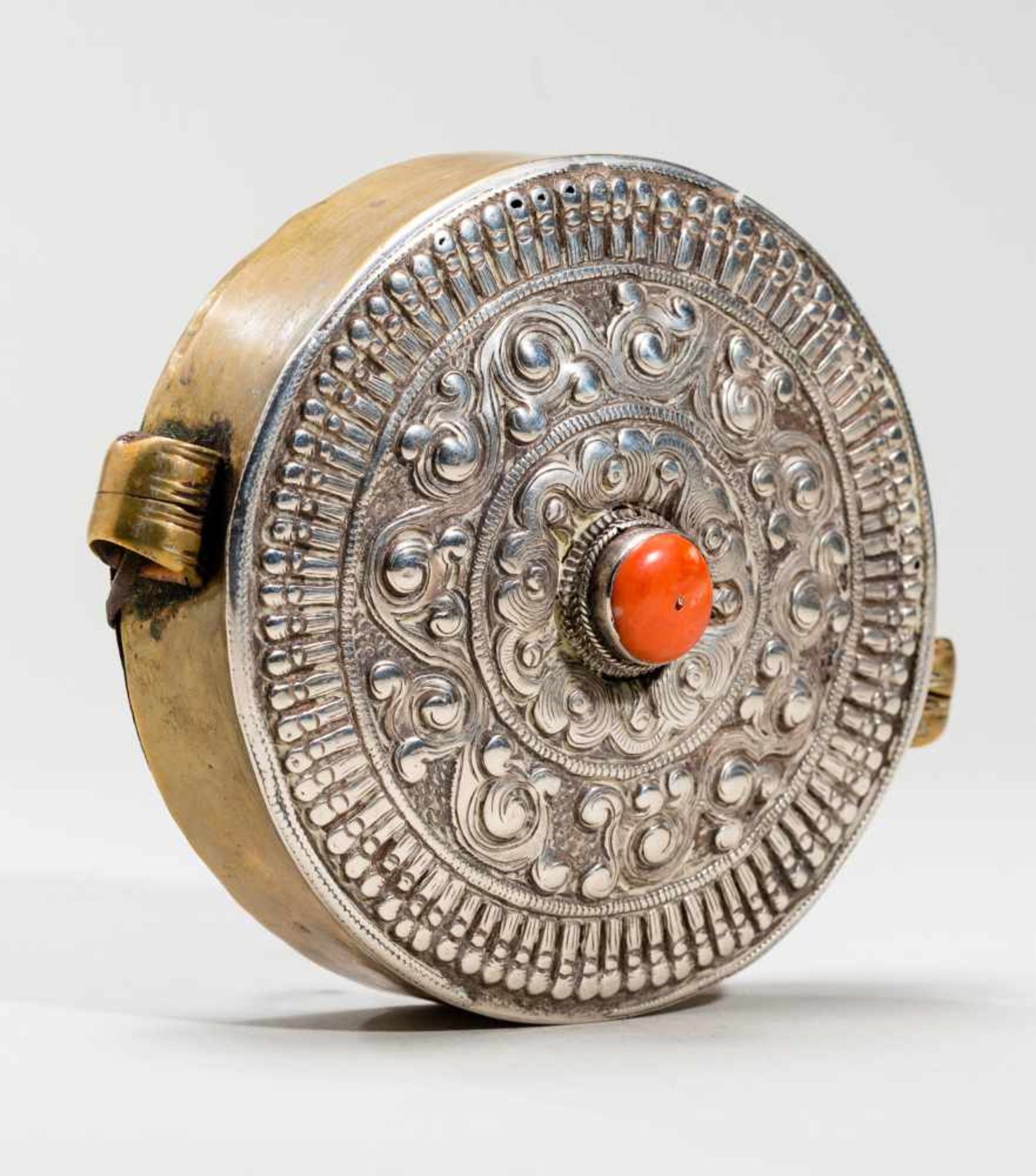 GAU AMULET CONTAINERSilver, brass, coralTibet, late 19th centuryBalanced, circular form, the size of - Image 4 of 4