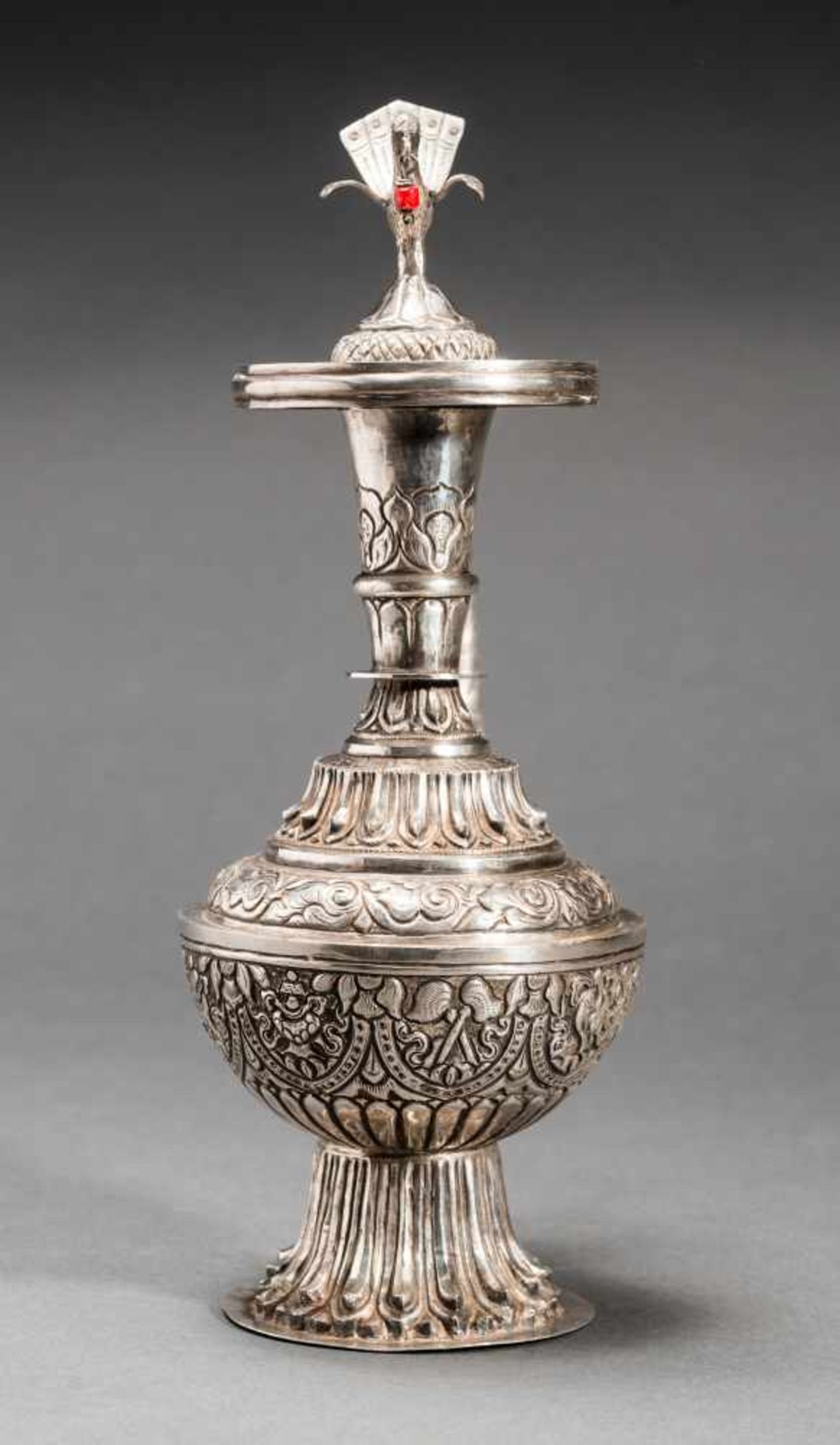 POT WITH MAKHARA AND BIRDWrought silverTibet, late 19th to early 20th centurySlender teapot with - Image 4 of 5