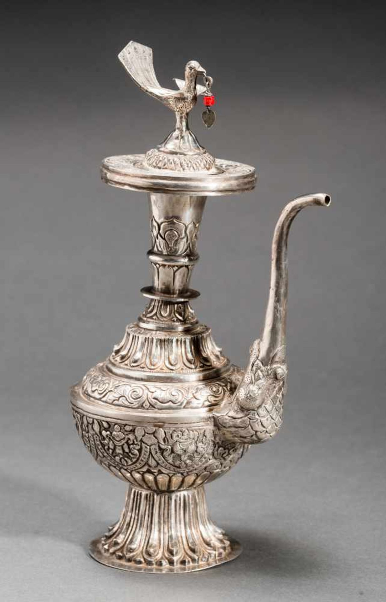 POT WITH MAKHARA AND BIRDWrought silverTibet, late 19th to early 20th centurySlender teapot with - Image 2 of 5