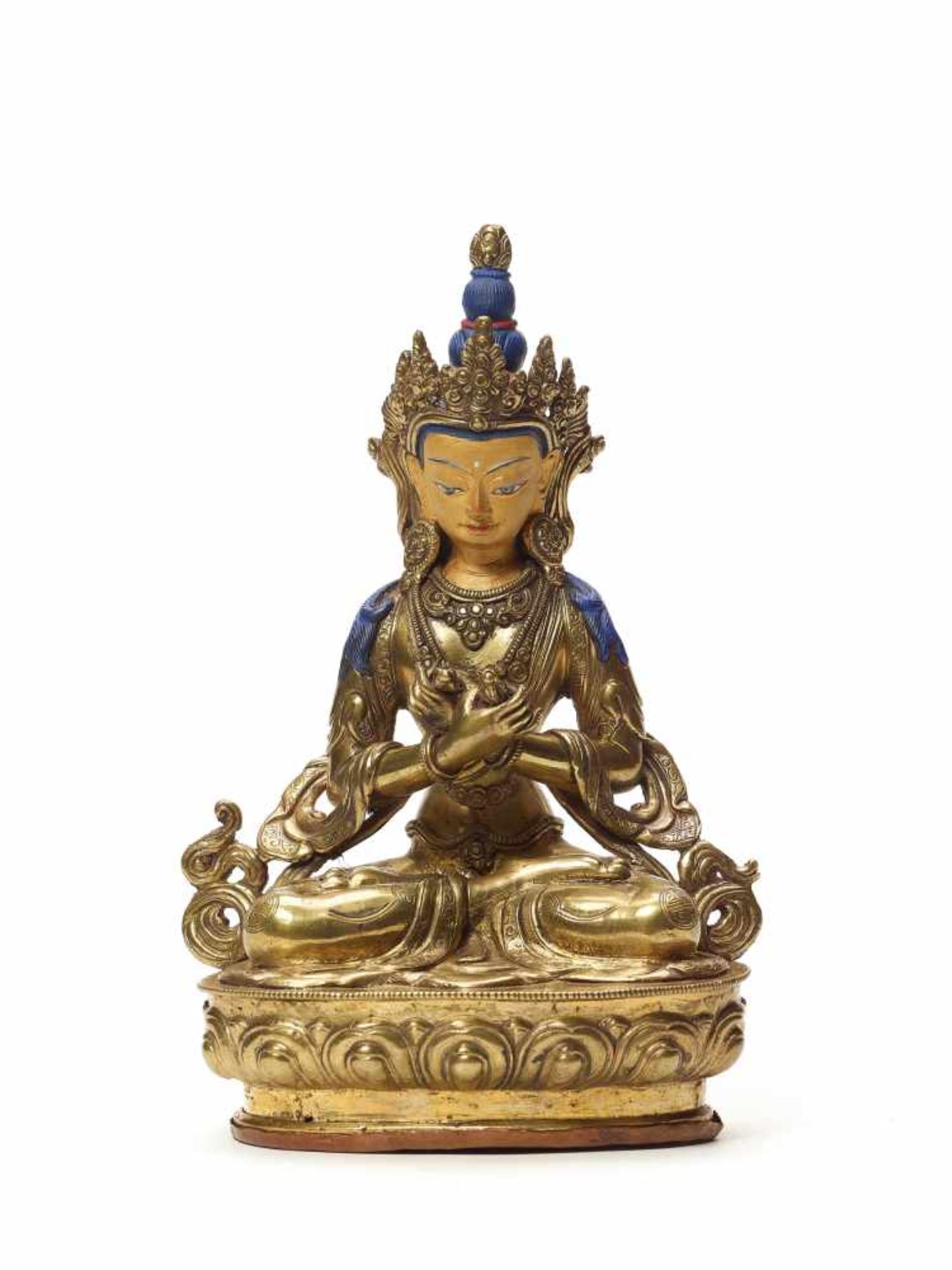 A SINO-TIBETAN GILT BRONZE OF VAJRASATTVA, 19th CENTURYGilt bronze, copper base, some cultic