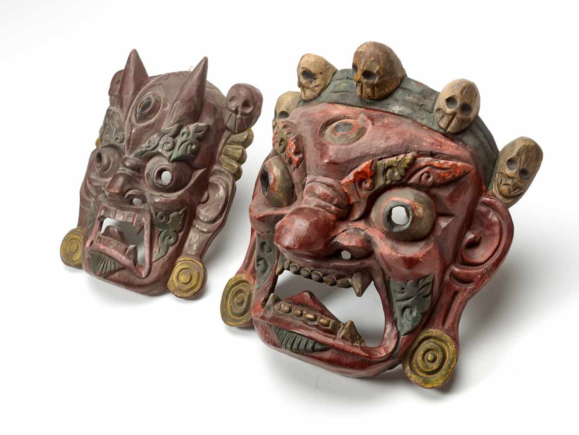 TWO TIBETAN MASKS – 1900 - 1930Polychrome colors on woodTibet, 1900-1930The larger is a - Image 2 of 4