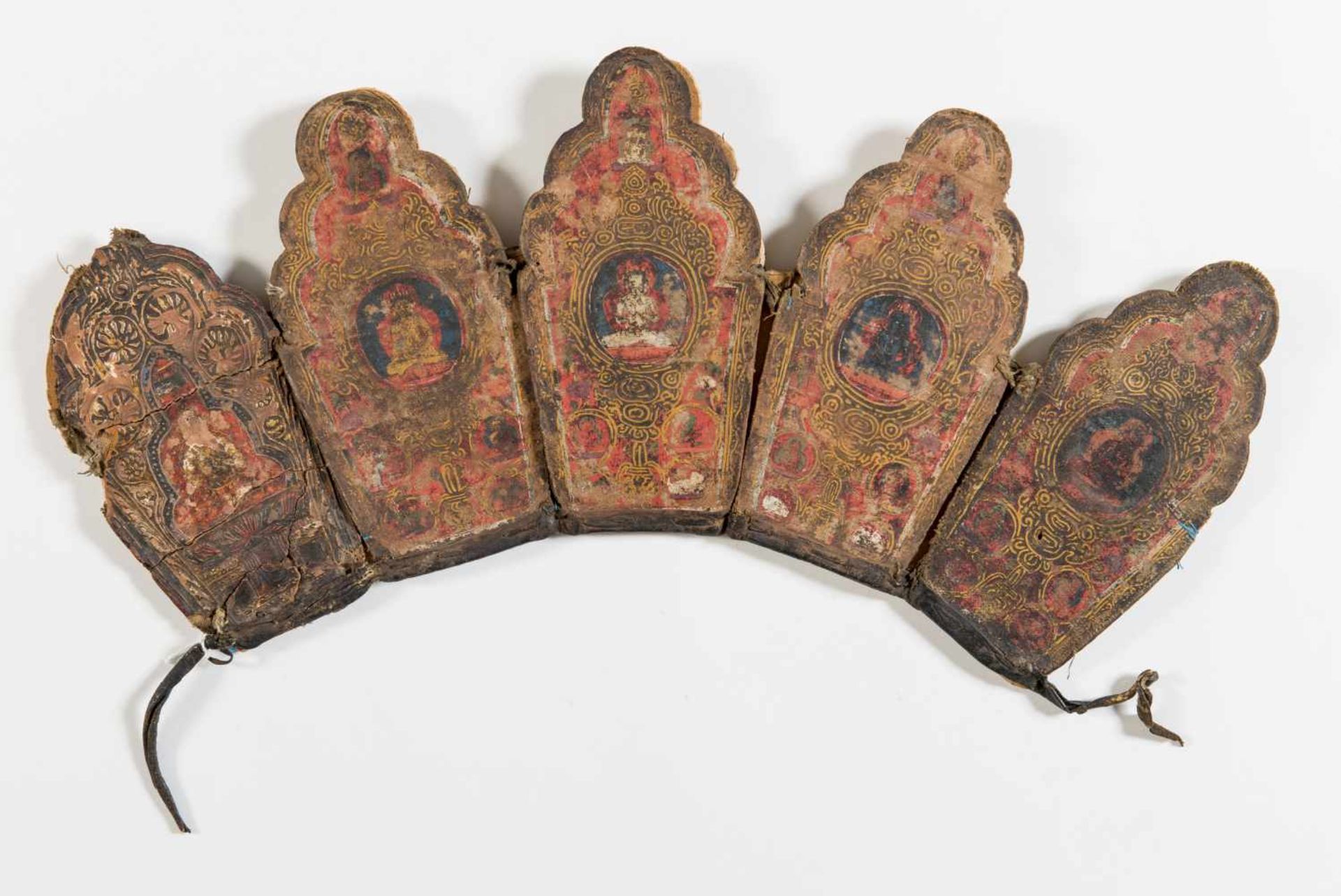 RITUAL CROWN OF A LAMAColor on textile on papier mâché, leatherTibet, 15th centuryCrown in the - Image 2 of 2