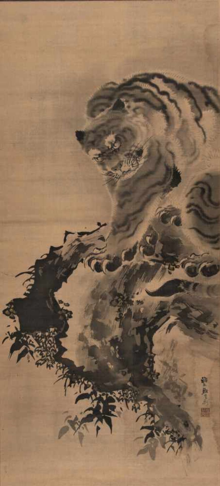A JAPANESE SCROLL WITH TIGER- KISHI GANKU 1749-1838Kishi Ganku (1749-1838)Ink on silk, mounted to
