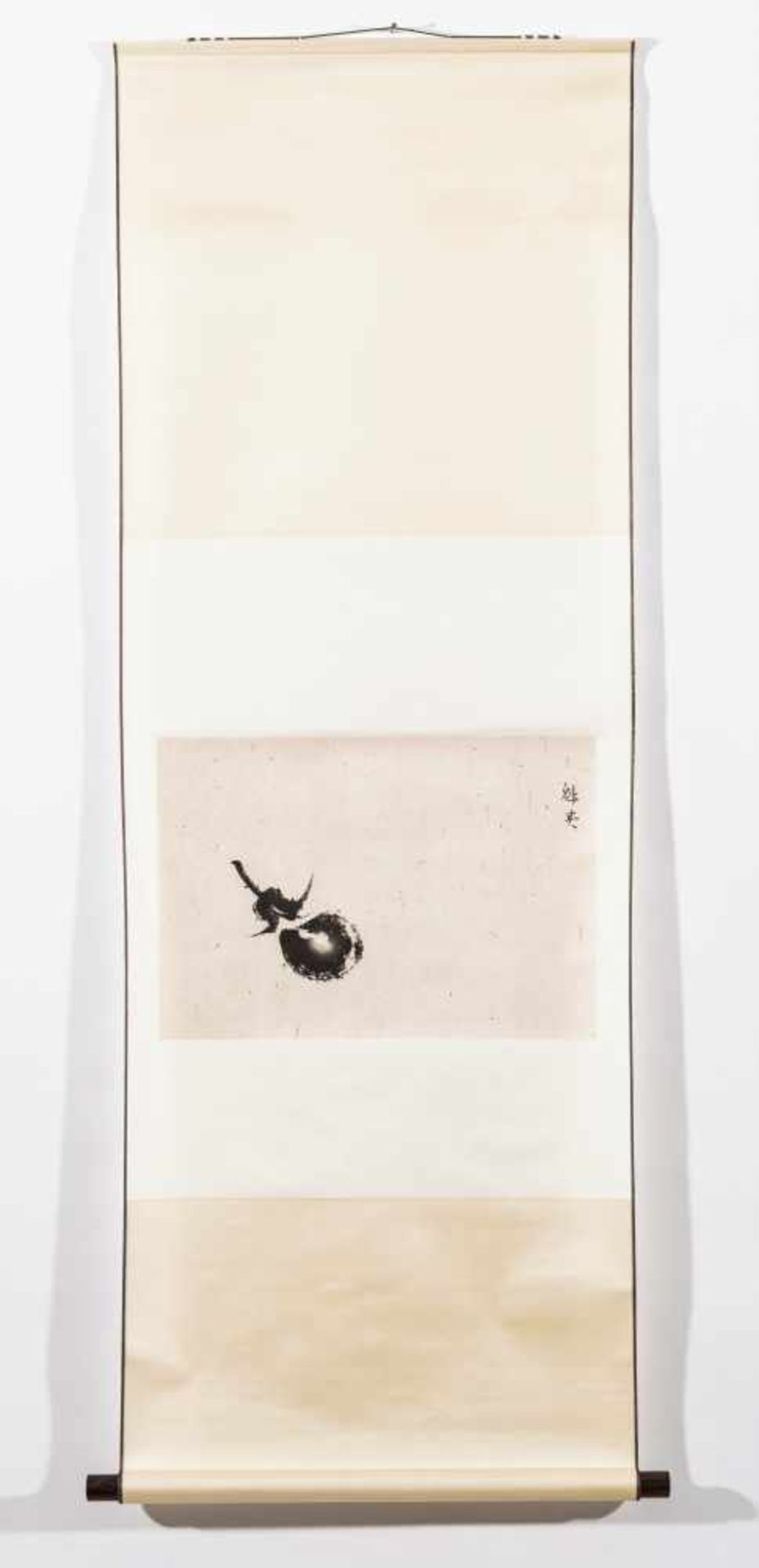 A JAPANESE SCROLL WITH AN EGGPLANT- MEIJI PERIOD Print on paper, mounted to a brocade scroll, with - Image 2 of 2