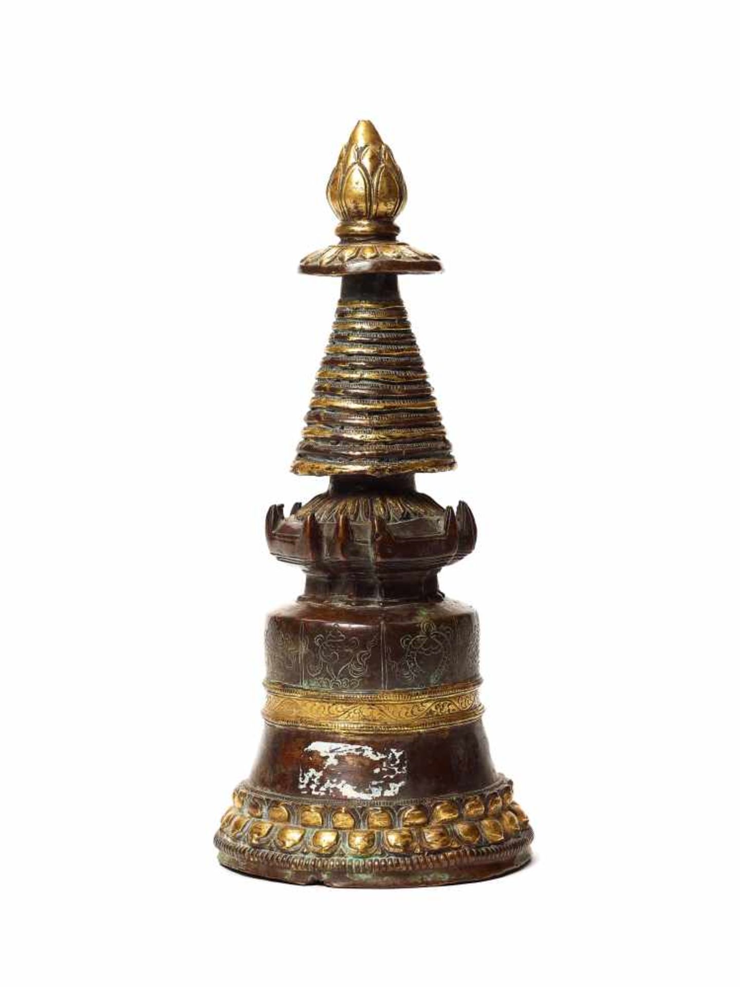 A GILT BRONZE TIBETAN VOTIVE STUPAGilt bronzeTibet, around 1900Of conical form divided into multiple - Image 3 of 4