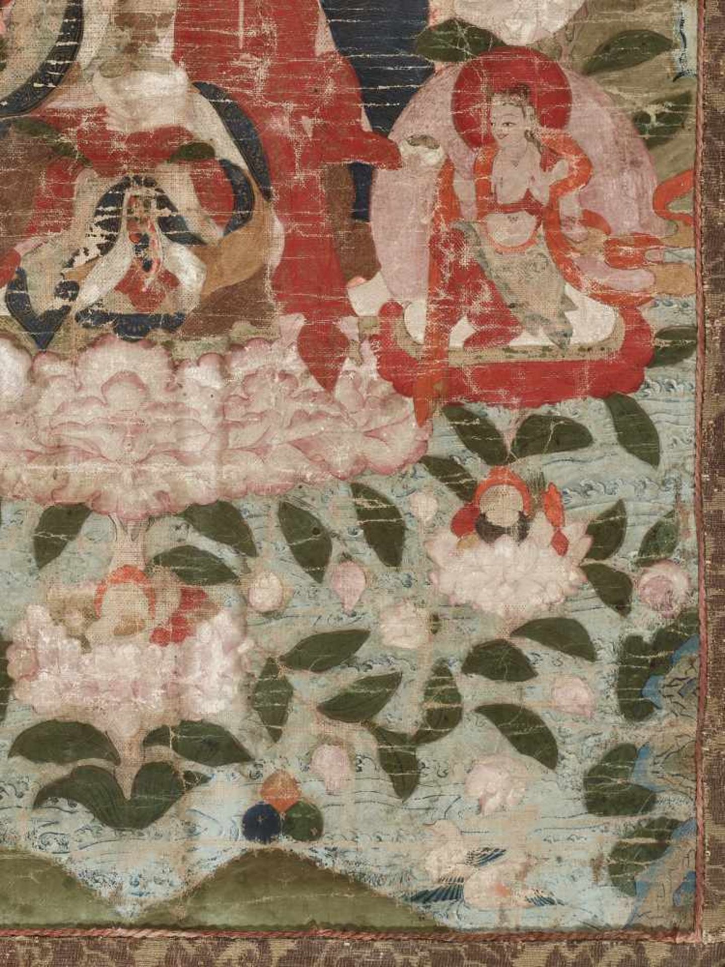AN 18th CENTURY THANGKA OF GURU RINPOCHE IN ZANGDOK PALRIDistemper and gold paint on cloth, framed - Image 5 of 11
