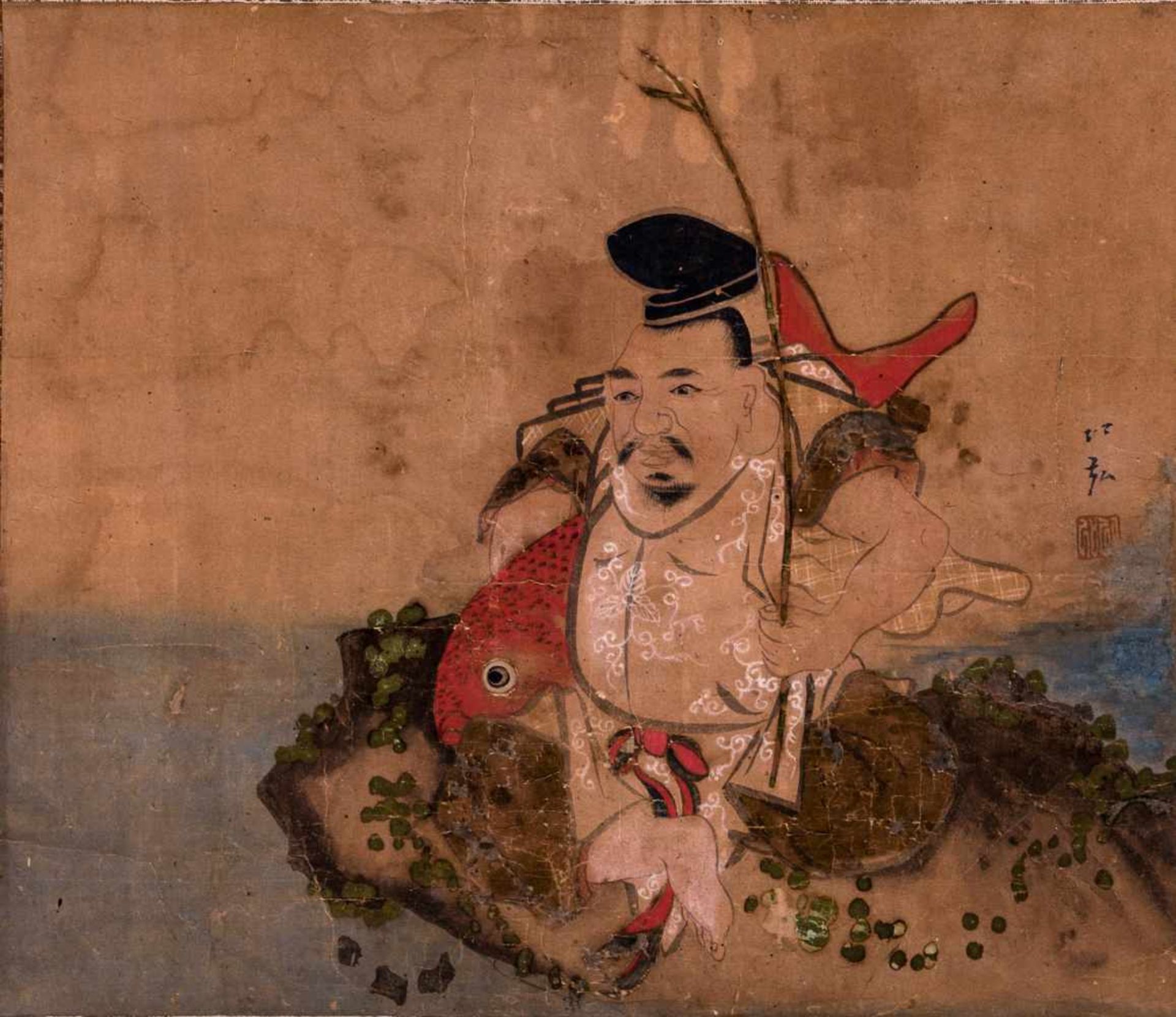 JAPANESE SCROLL PAINTING WITH EBISU - 19th CENTURYInk and gouache on paper, mounted to a brocade