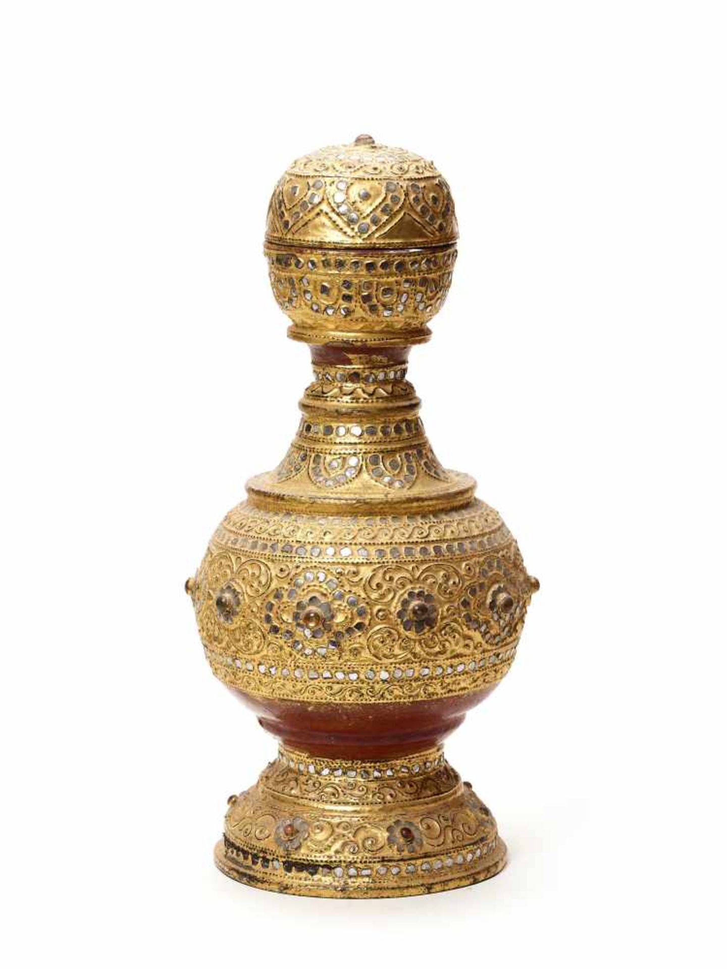 A BURMESE MANDALAY-STYLE LACQUER GILT WOOD LIDDED VESSEL IN THE SHAPE OF A PAGODAWood, gold and