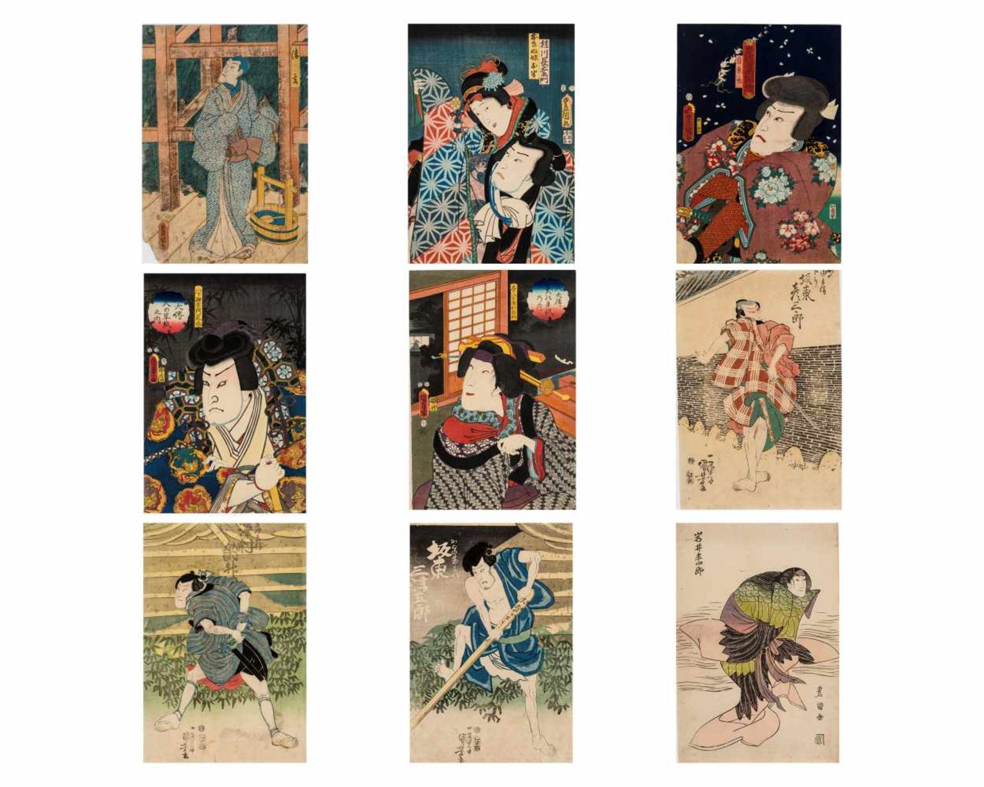 UTAGAWA KUNISADA / TOYOKUNI III (1786-1865): NINE COLOR WOODBLOCK PRINTS OF KABUKI SCENESOriginal