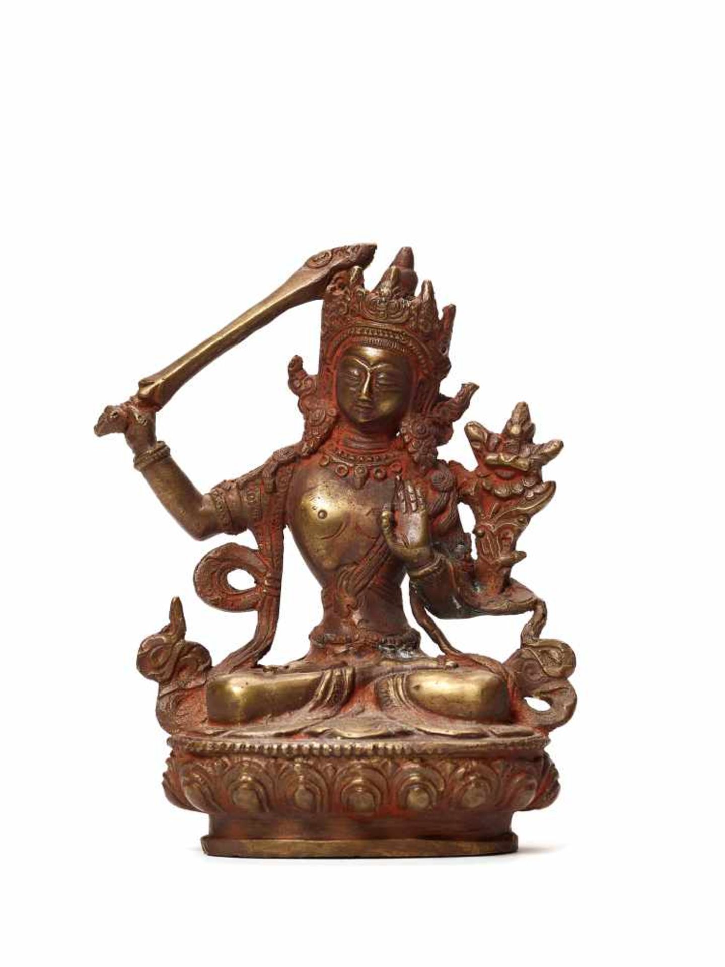 A NEPALESE BRONZE DEPICTING MANJUSHRI, AROUND 1900BronzeNepal, around 1900The bodhisattva sits in