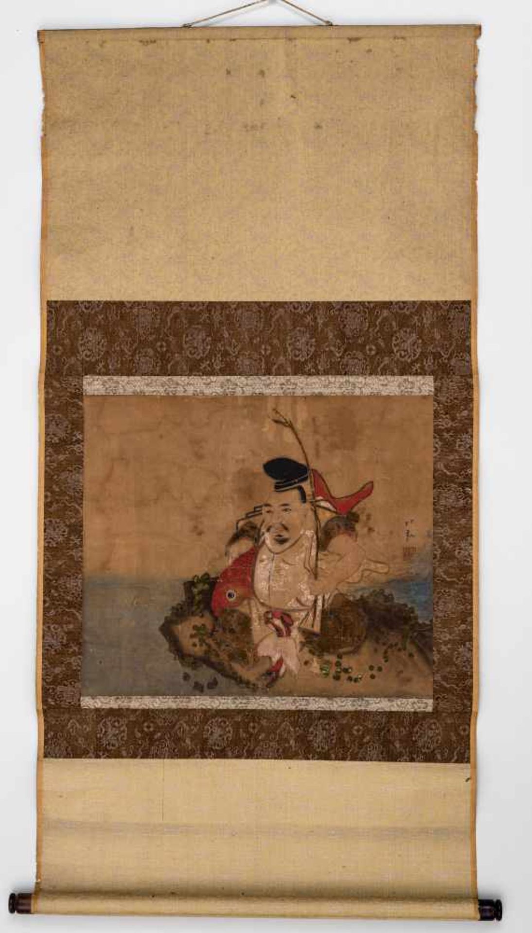 JAPANESE SCROLL PAINTING WITH EBISU - 19th CENTURYInk and gouache on paper, mounted to a brocade - Image 2 of 4